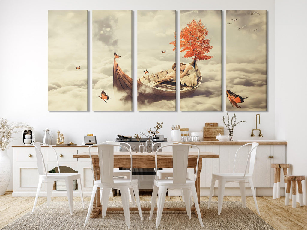 Surreal Boat & Tree Canvas Art - Fantasy Wall Print with Dreamy Clouds, Butterflies and Resting Woman for Bedroom or Living Room Wall Decor