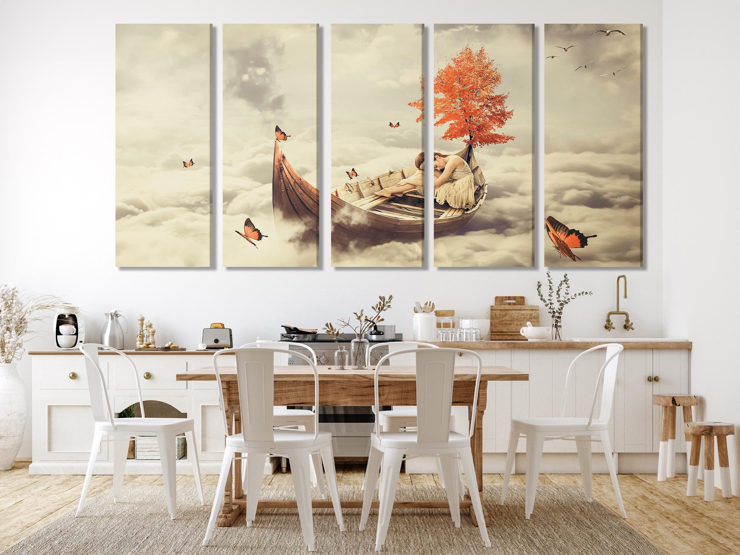 Surreal Boat & Tree Canvas Art - Fantasy Wall Print with Dreamy Clouds, Butterflies and Resting Woman for Bedroom or Living Room Wall Decor