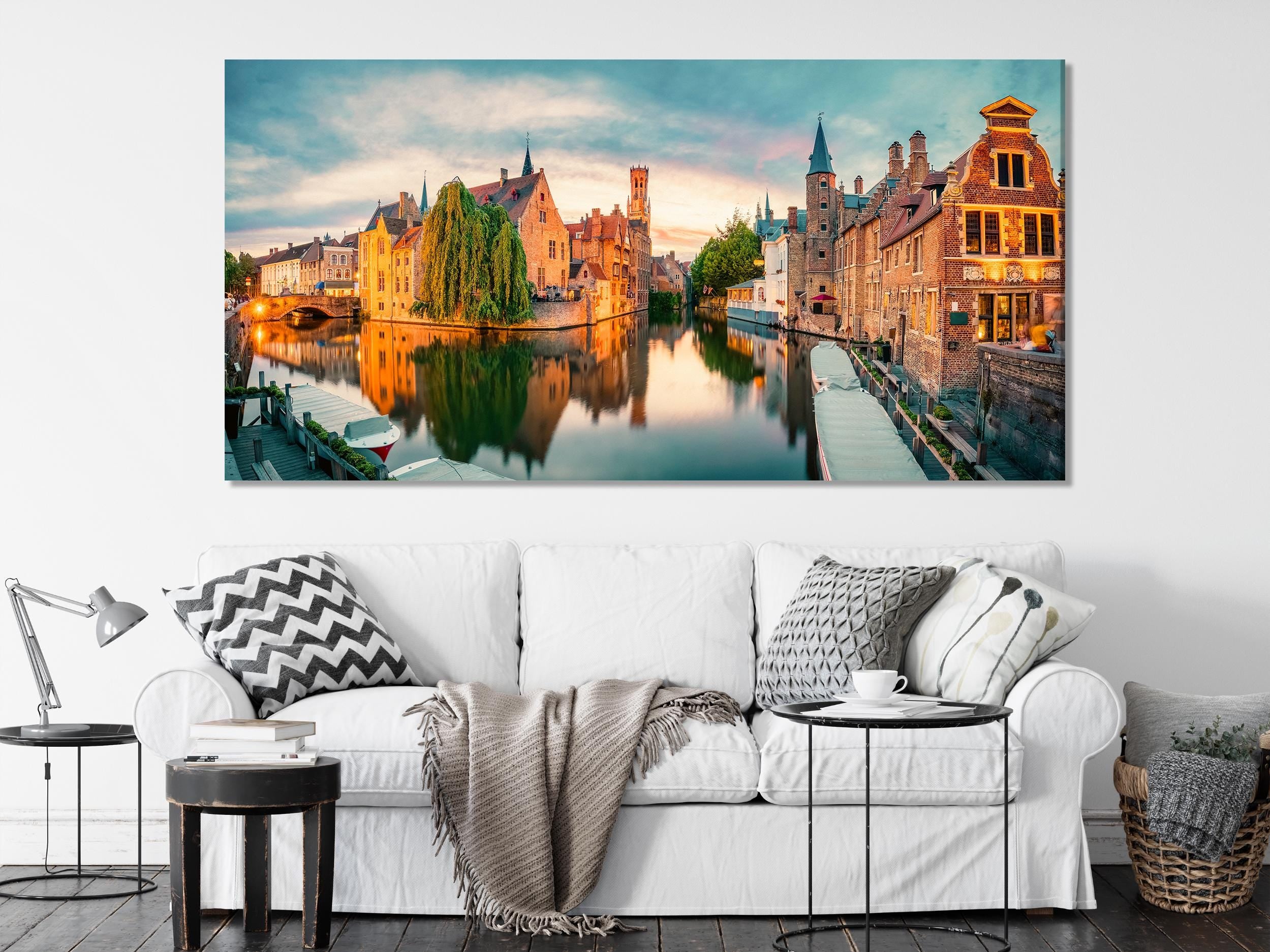Bruges Cityscape - Belgium Canvas Print, Large European Architecture Wall Art Bruges Sunset Photography, Extra Large Travel-Inspired Artwork