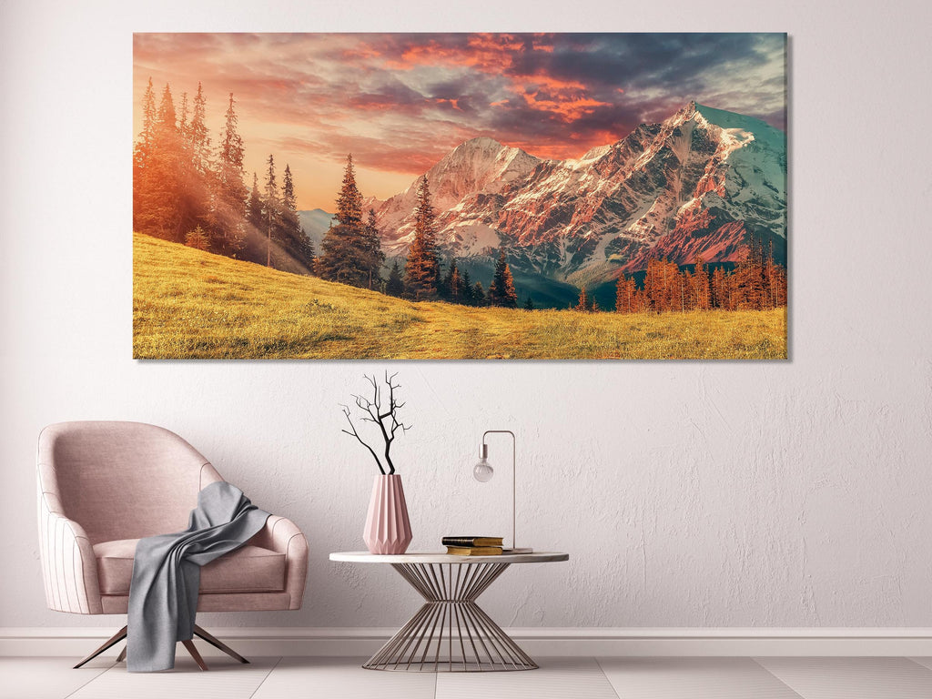 Mountain Sunrise Canvas Print – Majestic Landscape Wall Art, Golden Meadow and Snow-Capped Peaks, Nature-Inspired Decor for Living Room