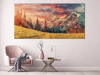 Mountain Sunrise Canvas Print – Majestic Landscape Wall Art, Golden Meadow and Snow-Capped Peaks, Nature-Inspired Decor for Living Room
