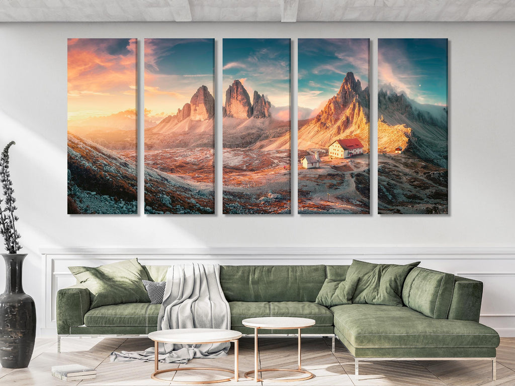 Dolomites Landscape Wall Art - Tre Cime di Lavaredo Canvas Print, XXL Mountain Sunset Artwork, Italian Alps Decor, Alpine Nature Scene Print