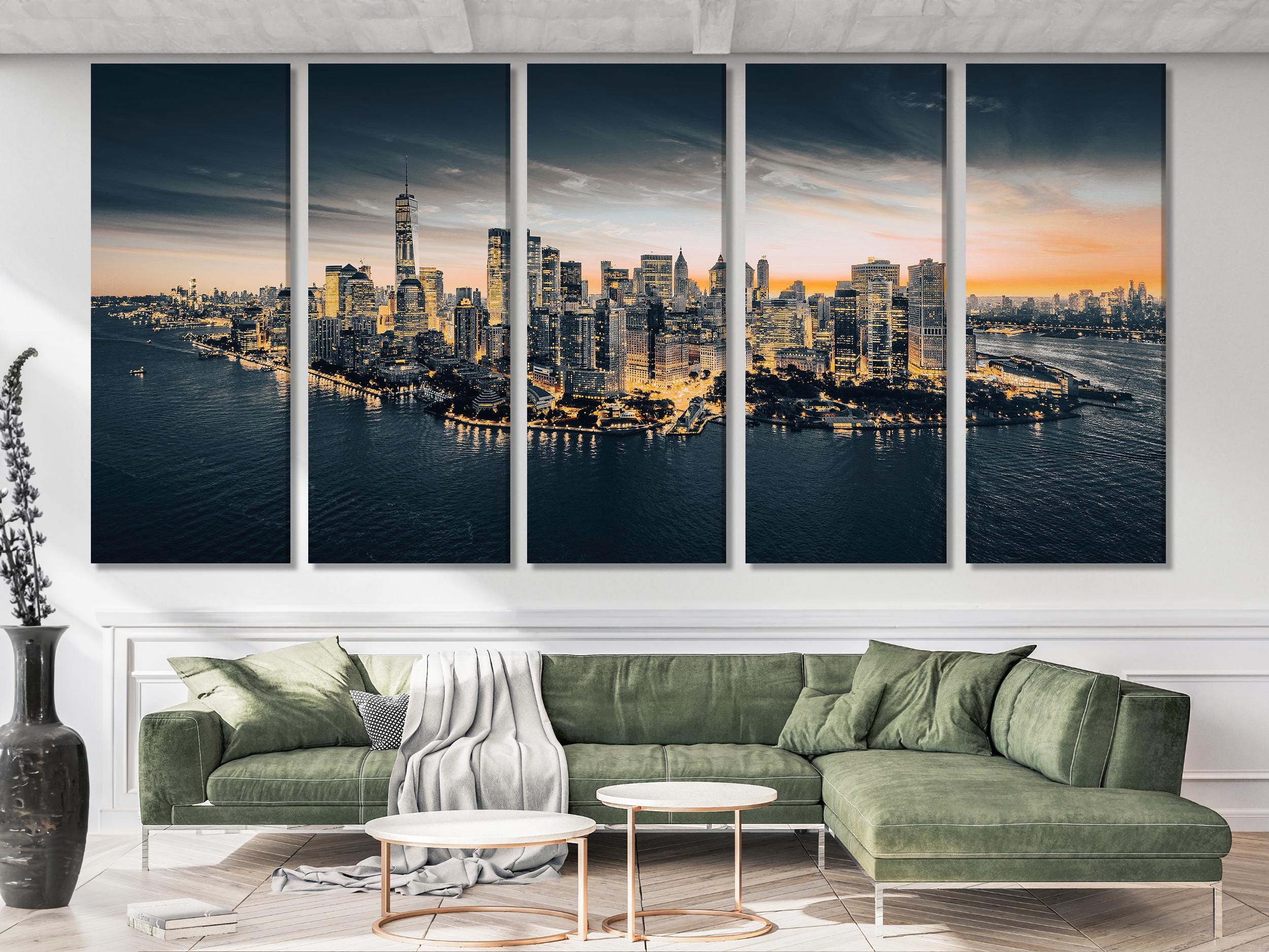 Manhattan Skyline Canvas Wall Art – Dusk Over New York City, Large Urban Landscape Canvas Print for Modern Home or Office Wall Decor