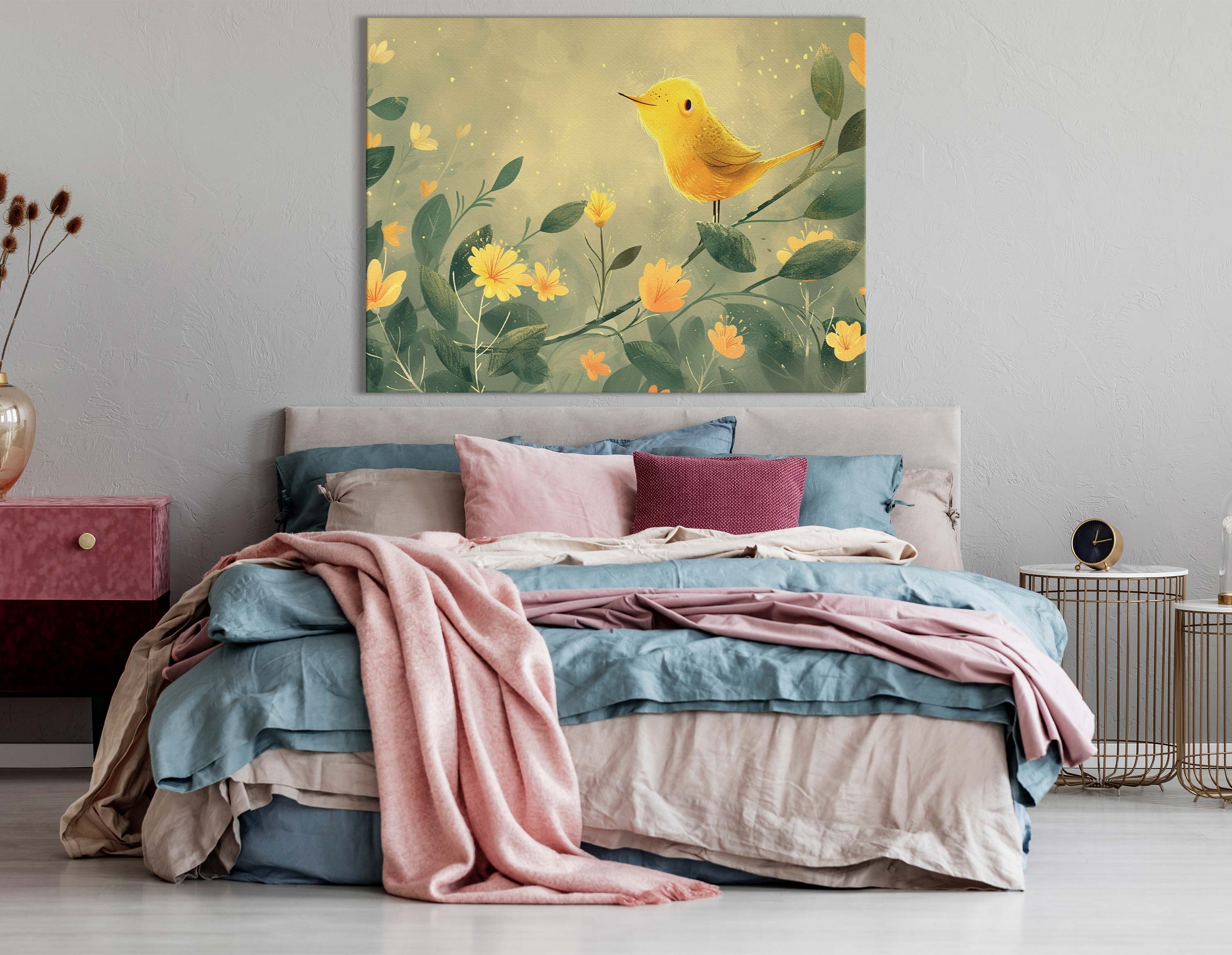 Sunny Yellow Bird and Blooms Wall Print