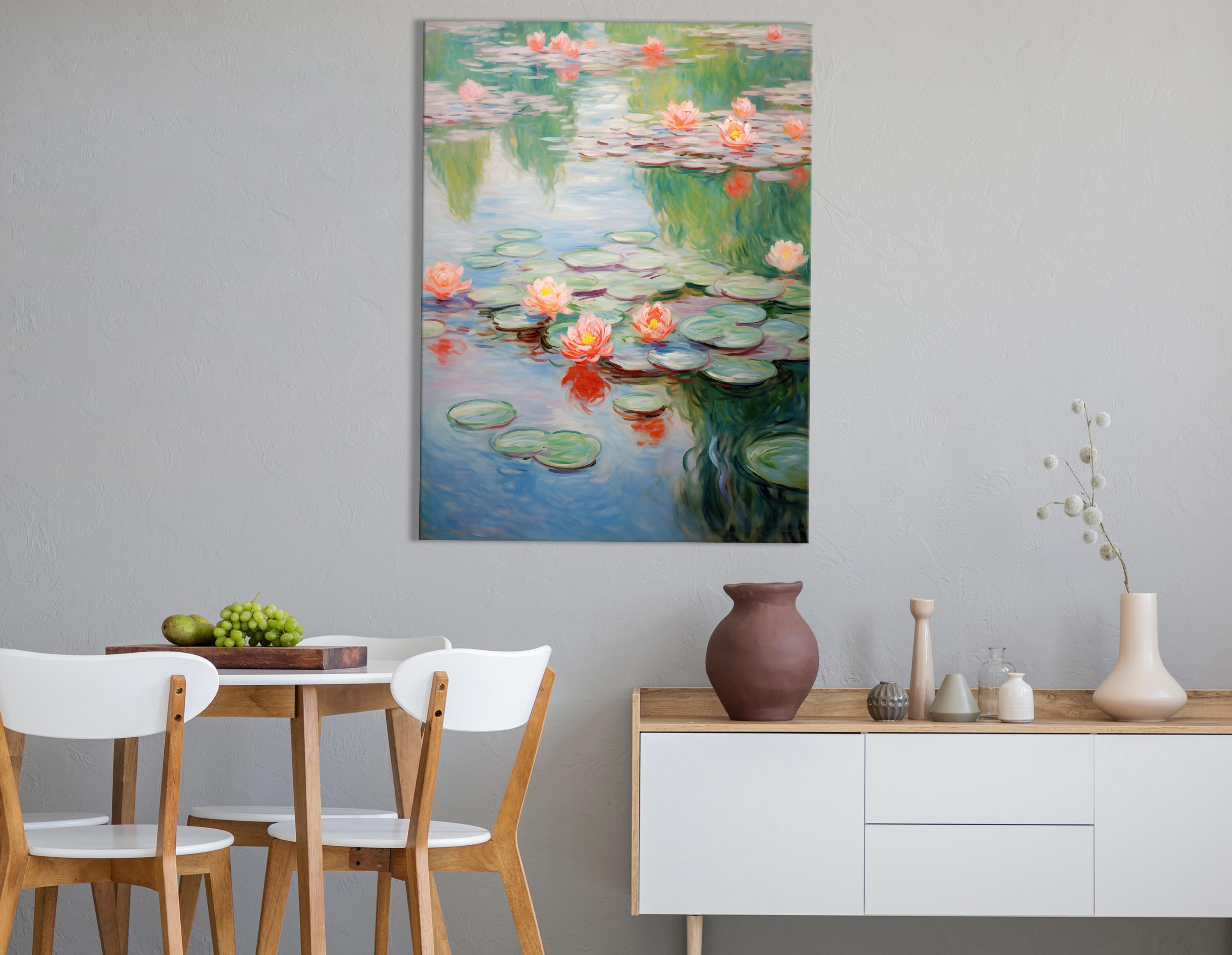 Bring a serene atmosphere to your home with this tranquil canvas print, capturing the delicate beauty of water lilies floating on a reflective pond. The interplay of soft pinks and greens against the water's hues offers a refreshing and calming wall art piece perfect for creating a relaxing space.