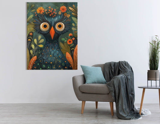 Textured Owl and Flora - Canvas Print