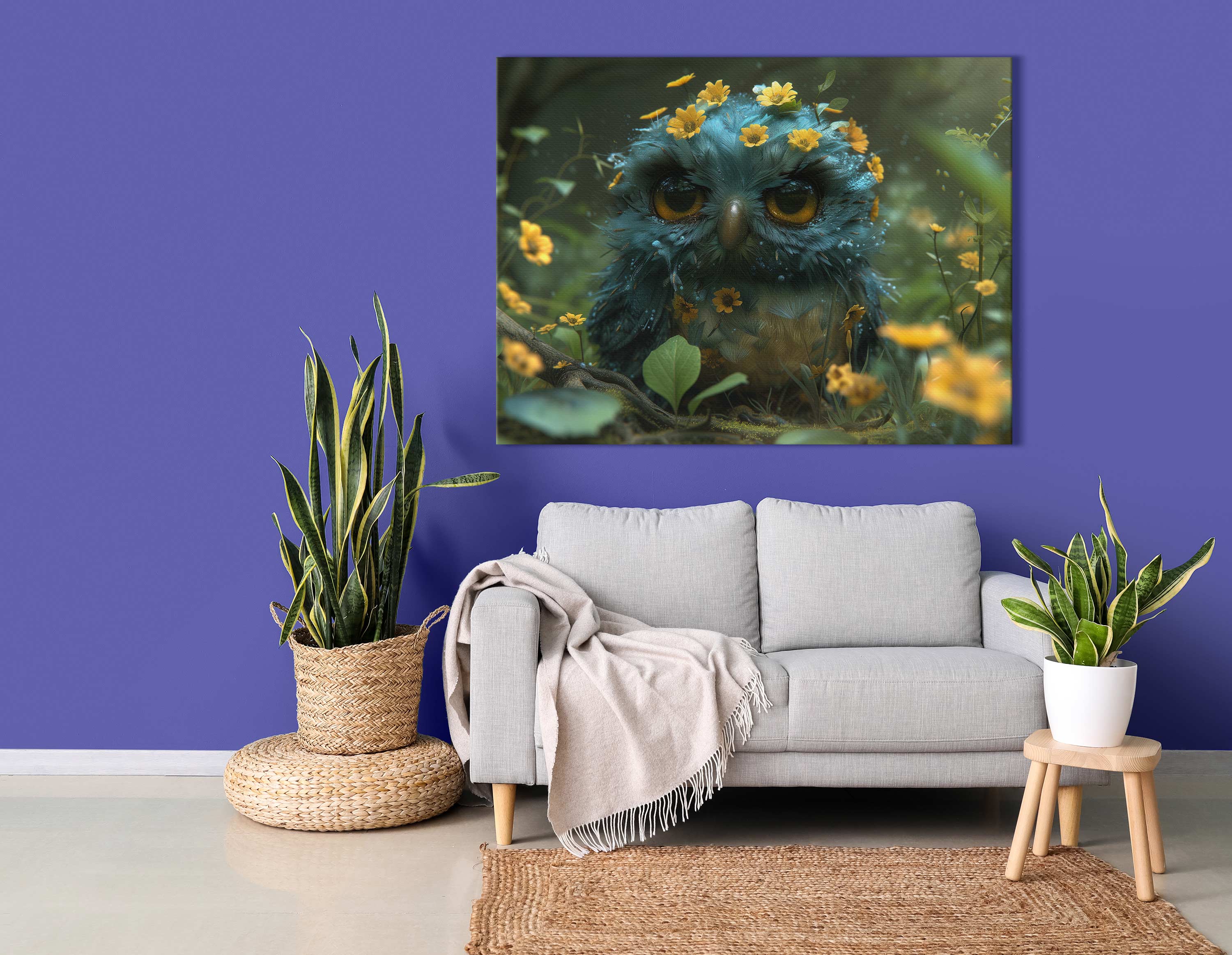   Blue Owl with Flowers Canvas Art