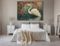 Serene Crane in Flowering Branch Canvas Artwork