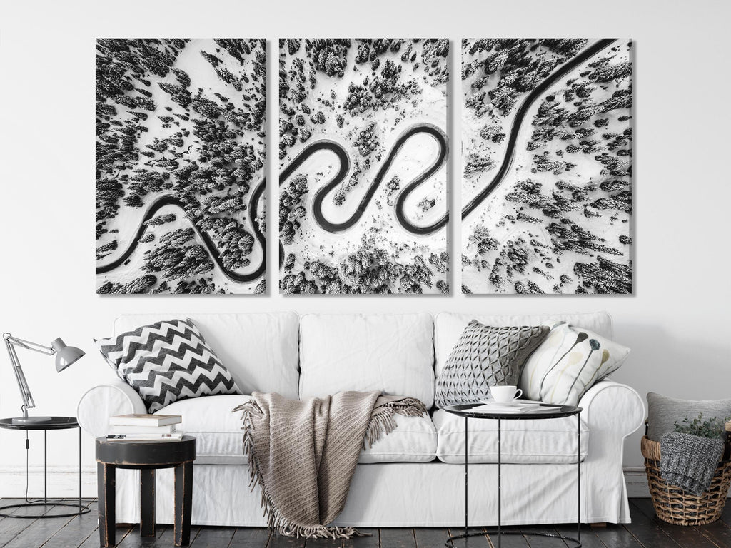 Snowy Mountain Trail Wall Art - Black and White Aerial Canvas Print, Scenic Winter Landscape, Modern Nature Decor for Dining Room or Office