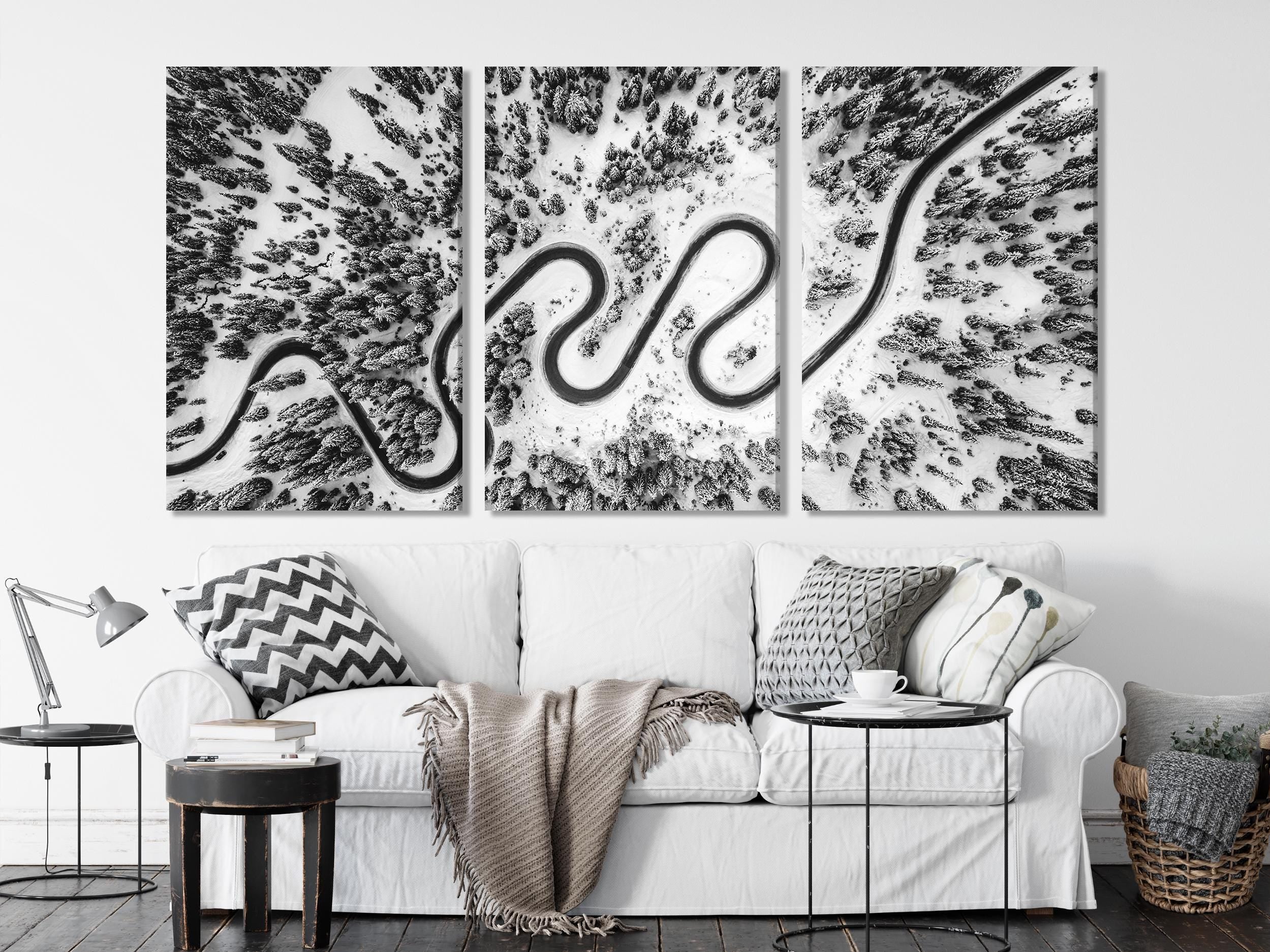 Snowy Mountain Trail Wall Art - Black and White Aerial Canvas Print, Scenic Winter Landscape, Modern Nature Decor for Dining Room or Office