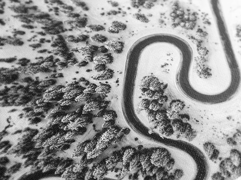 Snowy Mountain Trail Wall Art - Black and White Aerial Canvas Print, Scenic Winter Landscape, Modern Nature Decor for Dining Room or Office