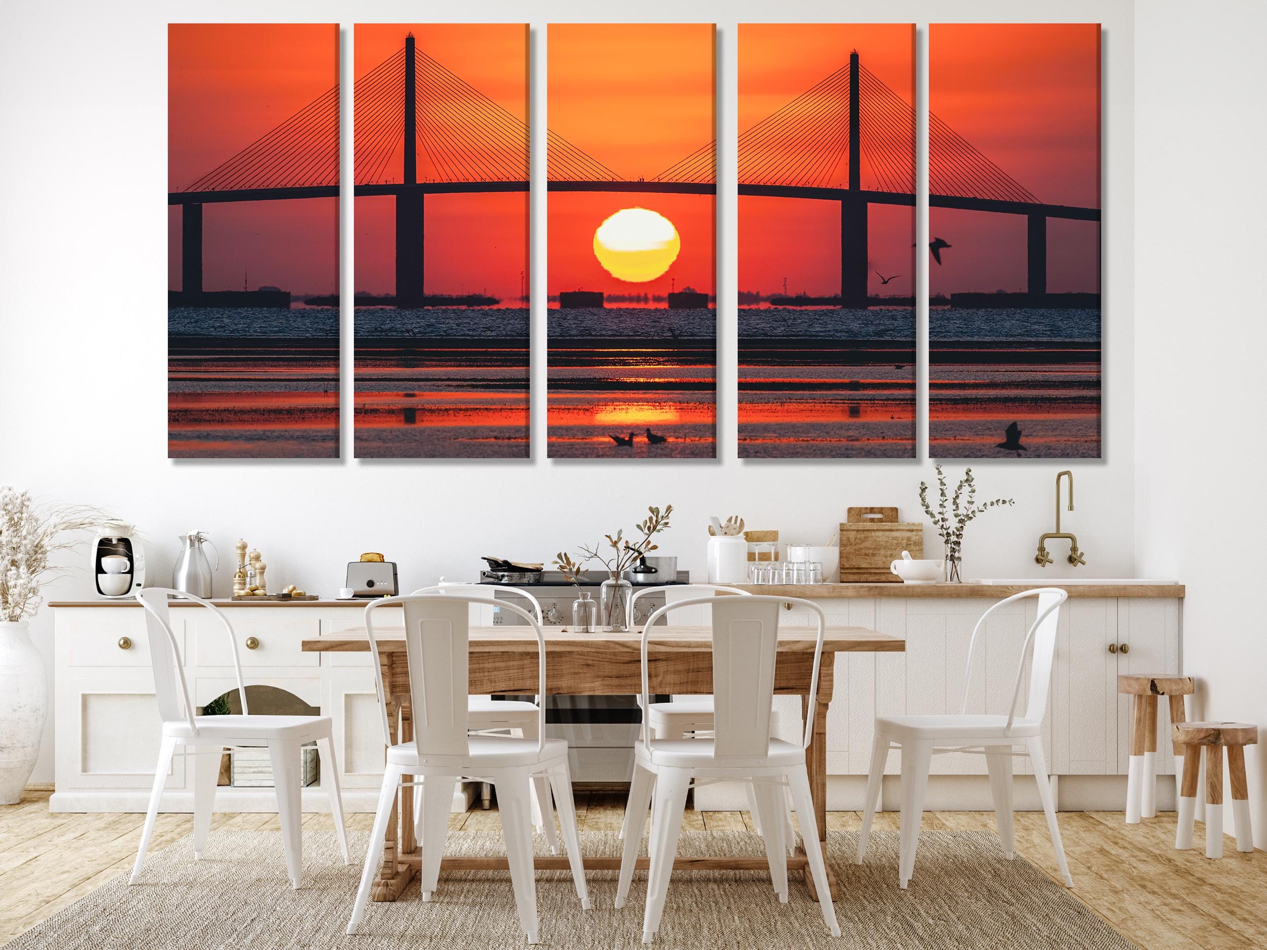 Sunshine Skyway Bridge Canvas Print, Tampa Bay Wall Art, Stunning Sunrise Over Water Artwork, Oversized Bridge Canvas for Home Wall Decor