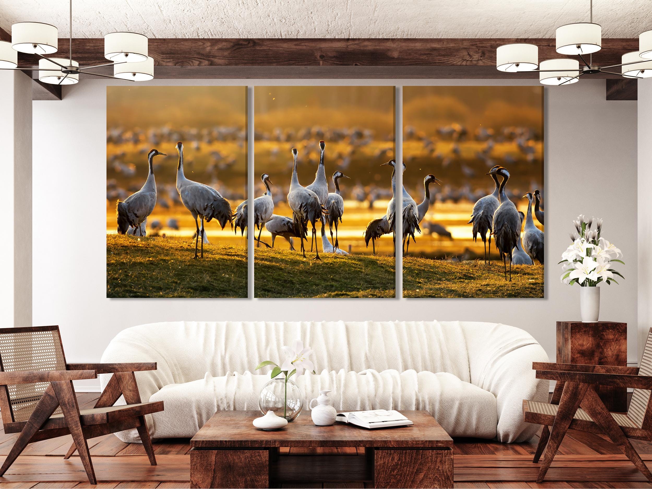 Wildlife Wall Art - Crane Birds Canvas Print, 5-Panel Sunrise Print at Hornborgasjön, Sweden Nature Wall Decor, Crane Fine Art Print