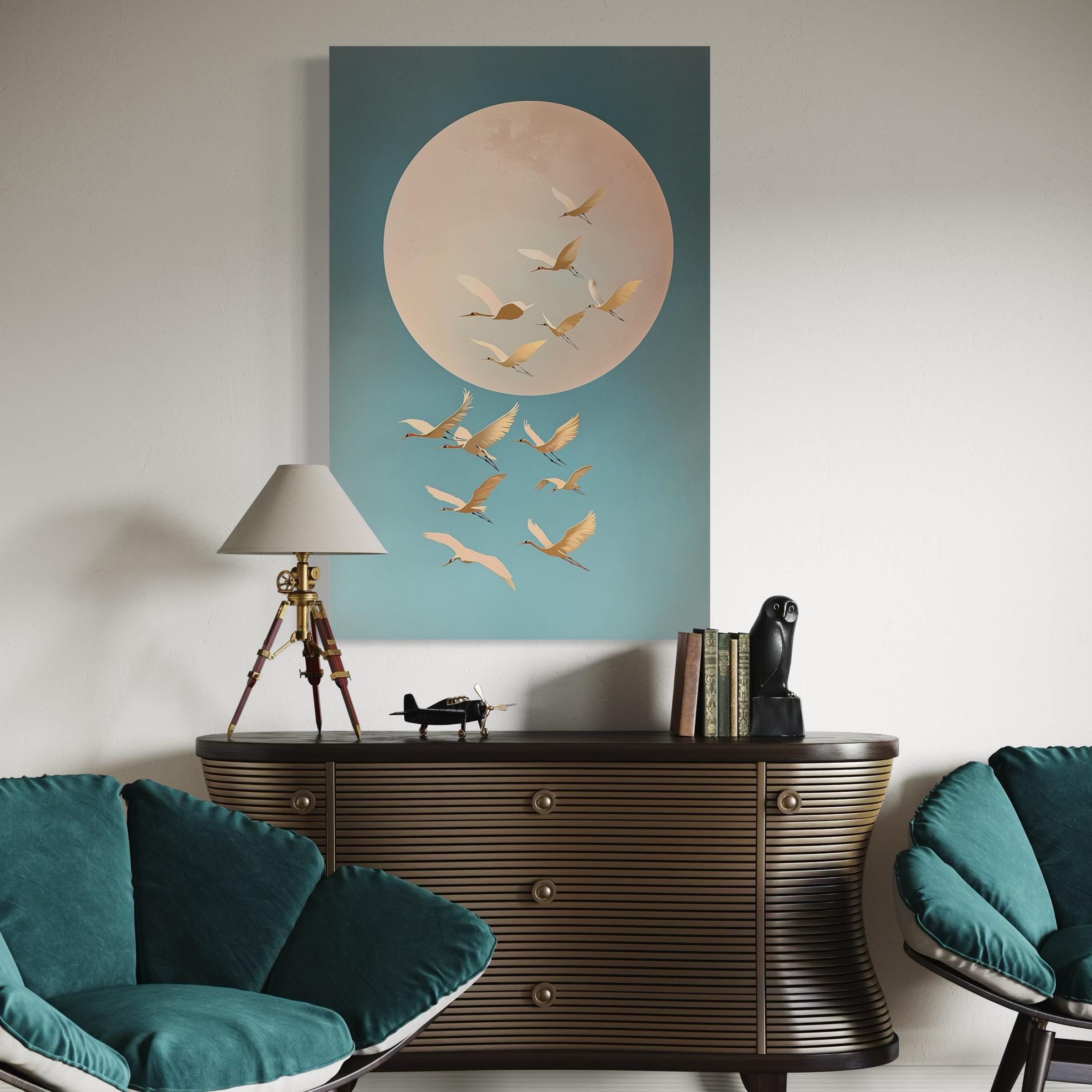 Zen Bedroom Wall Art Beige Moon Art Pastel Canvas Prints Tsuru Birds Print Spring Prints Sky Blue Japanese Cranes Wall Art Large Japandi Art