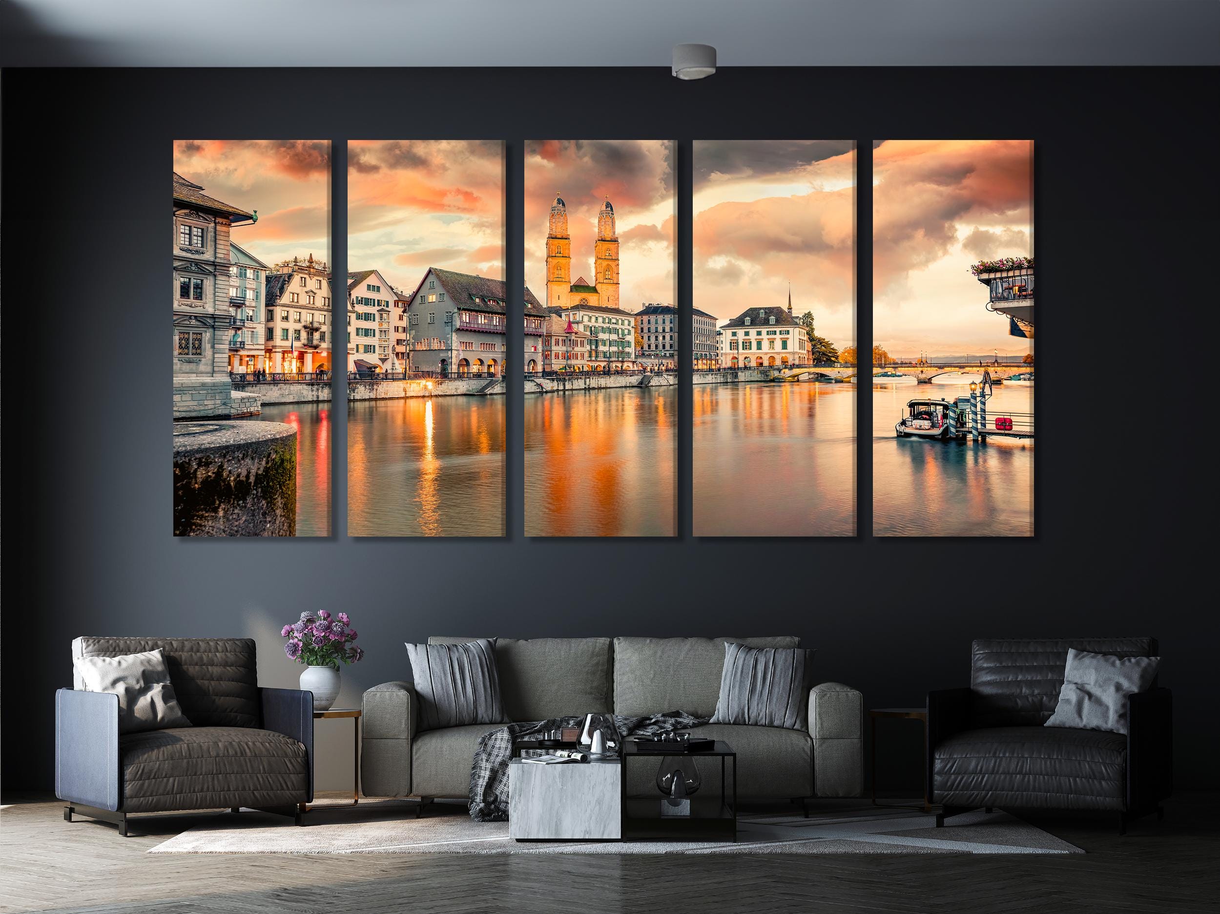 Grossmunster Church Canvas Print, Zurich Cityscape Wall Art, Sunset on Limmat River, Large Swiss Landscape Decor, Historic Zurich Artwork
