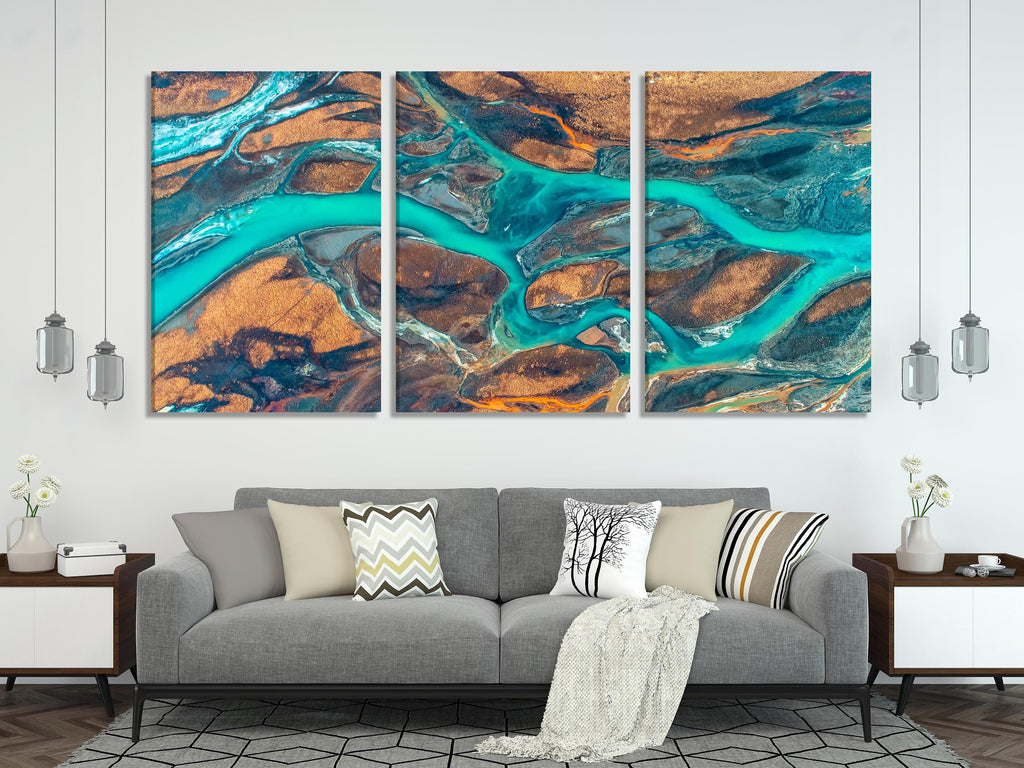 Abstract Landscape Wall Art - Iceland River Aerial Canvas Print, Large 5 Panel River Artwork, Turquoise Water Flow, Earth Tones Nature Decor