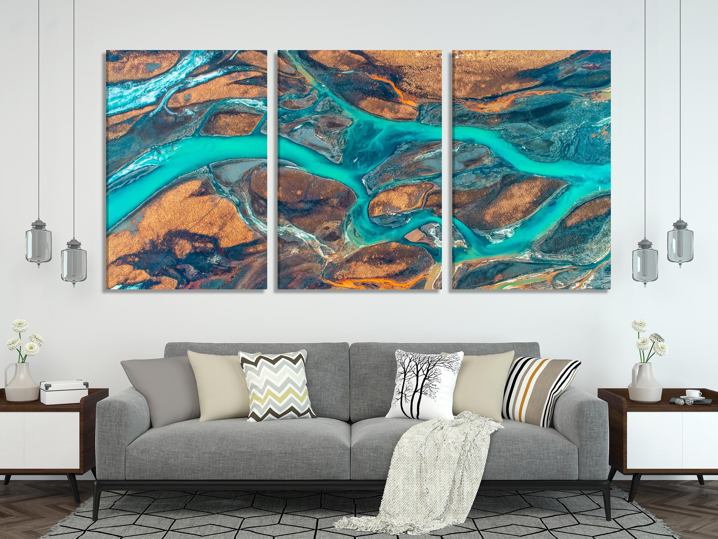 Abstract Landscape Wall Art - Iceland River Aerial Canvas Print, Large 5 Panel River Artwork, Turquoise Water Flow, Earth Tones Nature Decor