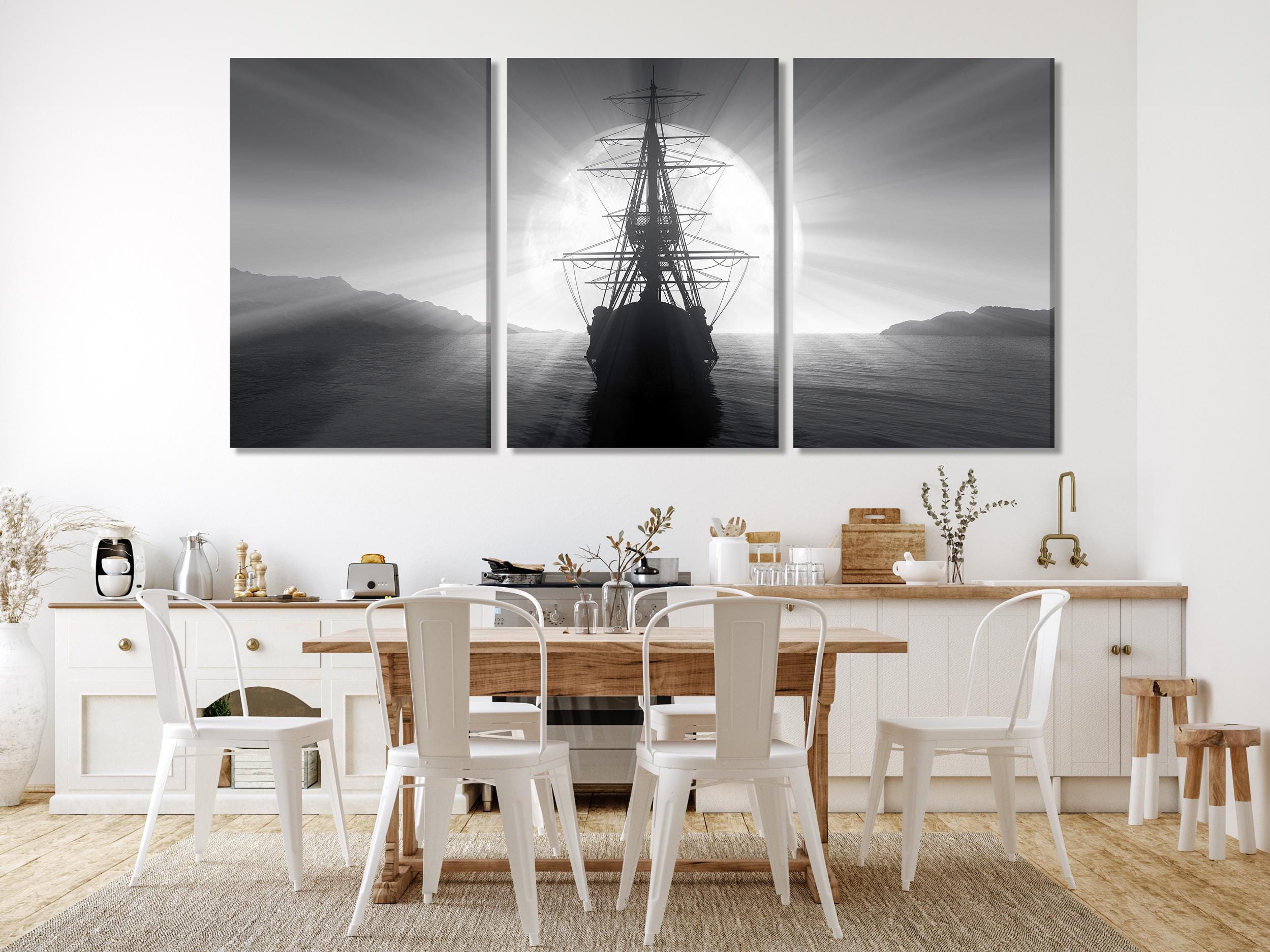 Art mural nautique noir et blanc - Impression sur toile d'un navire à voile vintage - Œuvre d'art pirate vintage - Décor inspiré par les marins - Grande impression d'art maritime