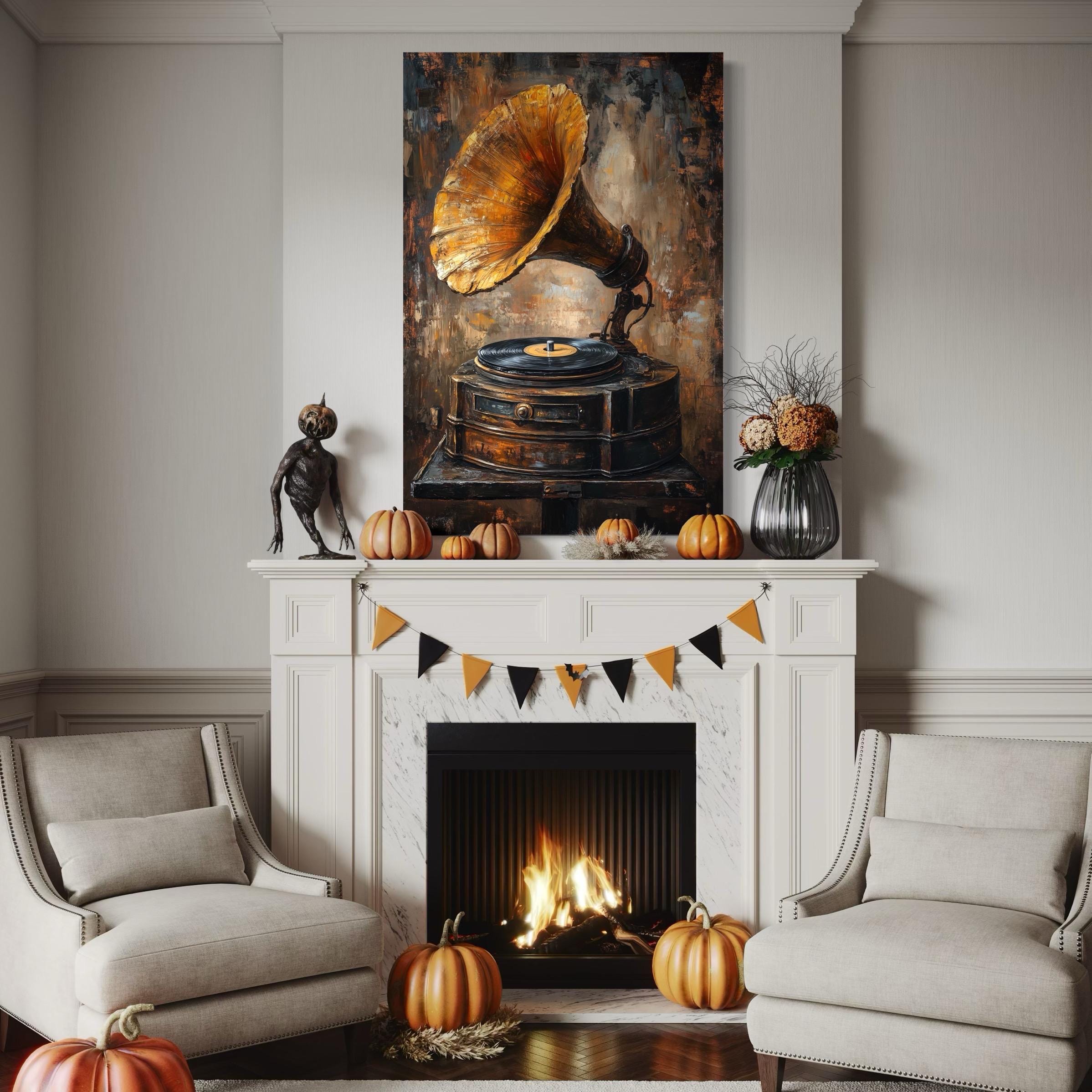 Vintage grammofoon wanddecoratie - rustieke muziekdecoratie, antieke vinylspeler canvas print, retro wanddecoratie boven het bed, cadeau-idee voor een muzikant