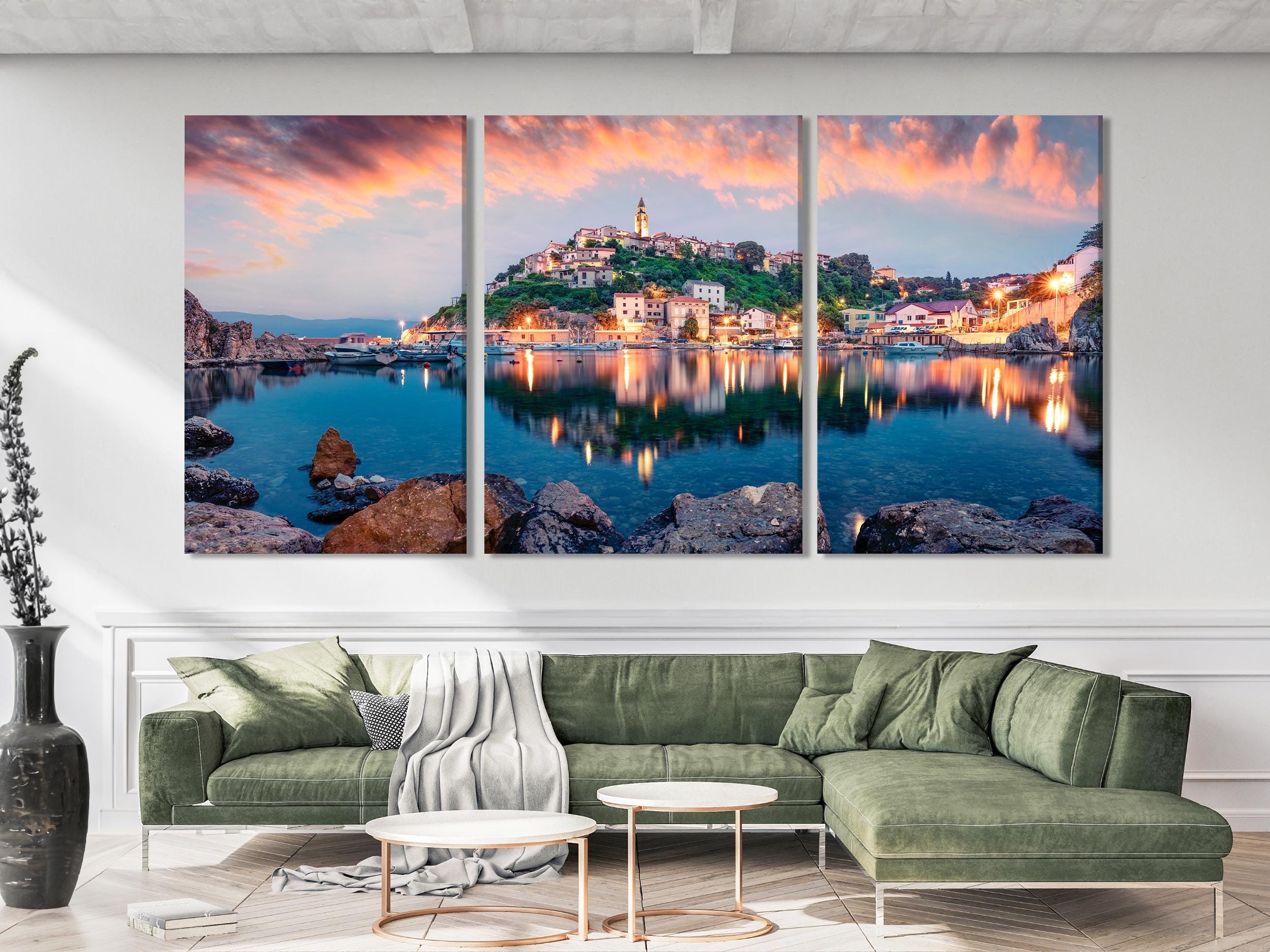 Vrbnik Town Evening Canvas Print – Stunning Adriatic Seascape Wall Art, Krk Island Landscape, Mediterranean Decor for Living Room