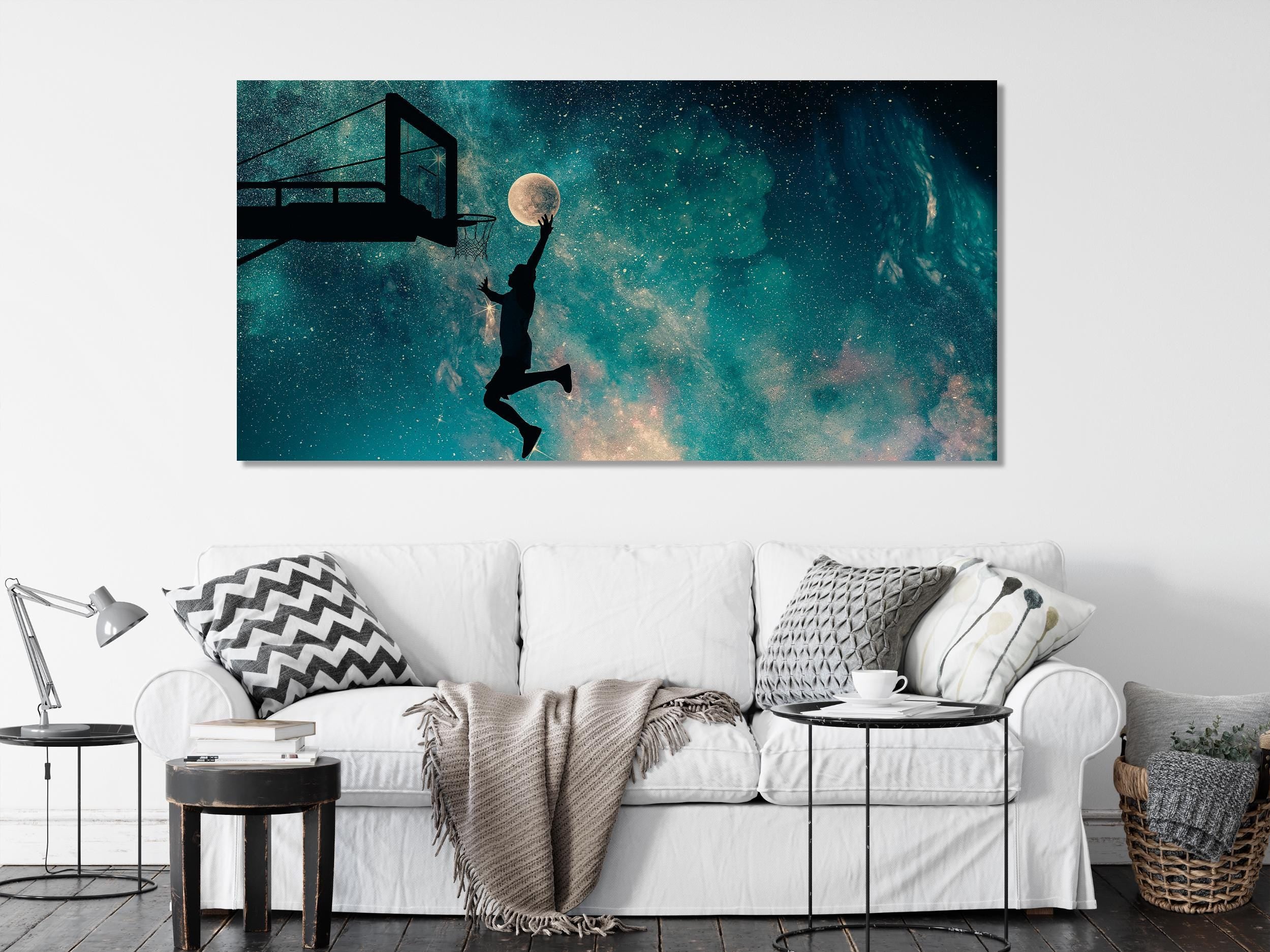Basketball Dunk with Moon Canvas Art, Surreal Sports Wall Art Print, Starry Night Sky Decor, Inspirational Sports Artwork, Basketball Gift