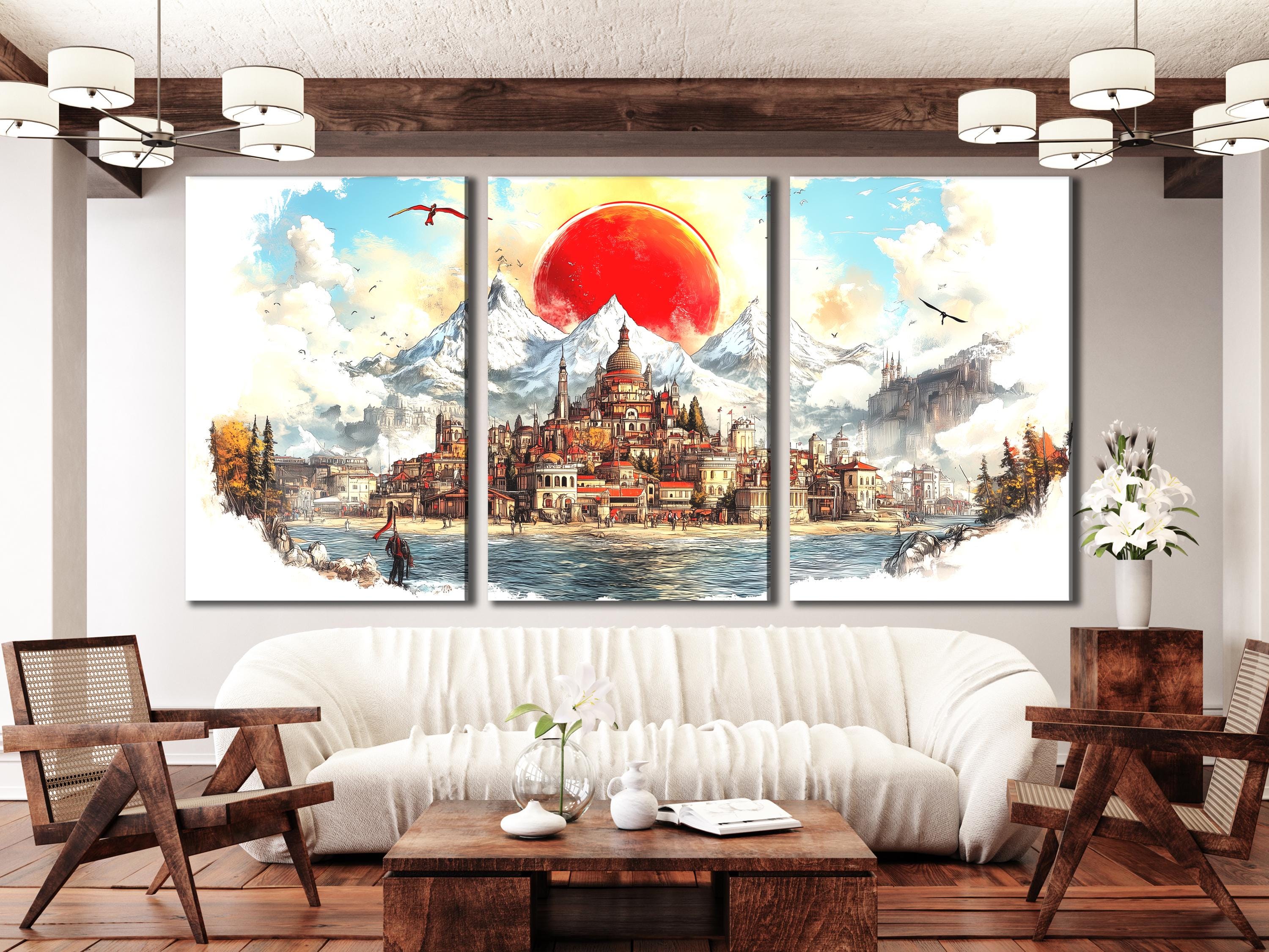 Majestic Mountain Cityscape Canvas Print Fantasy Wall Art Medieval Town Painting Abstract Landscape Artwork Red Sun Scenic Decor