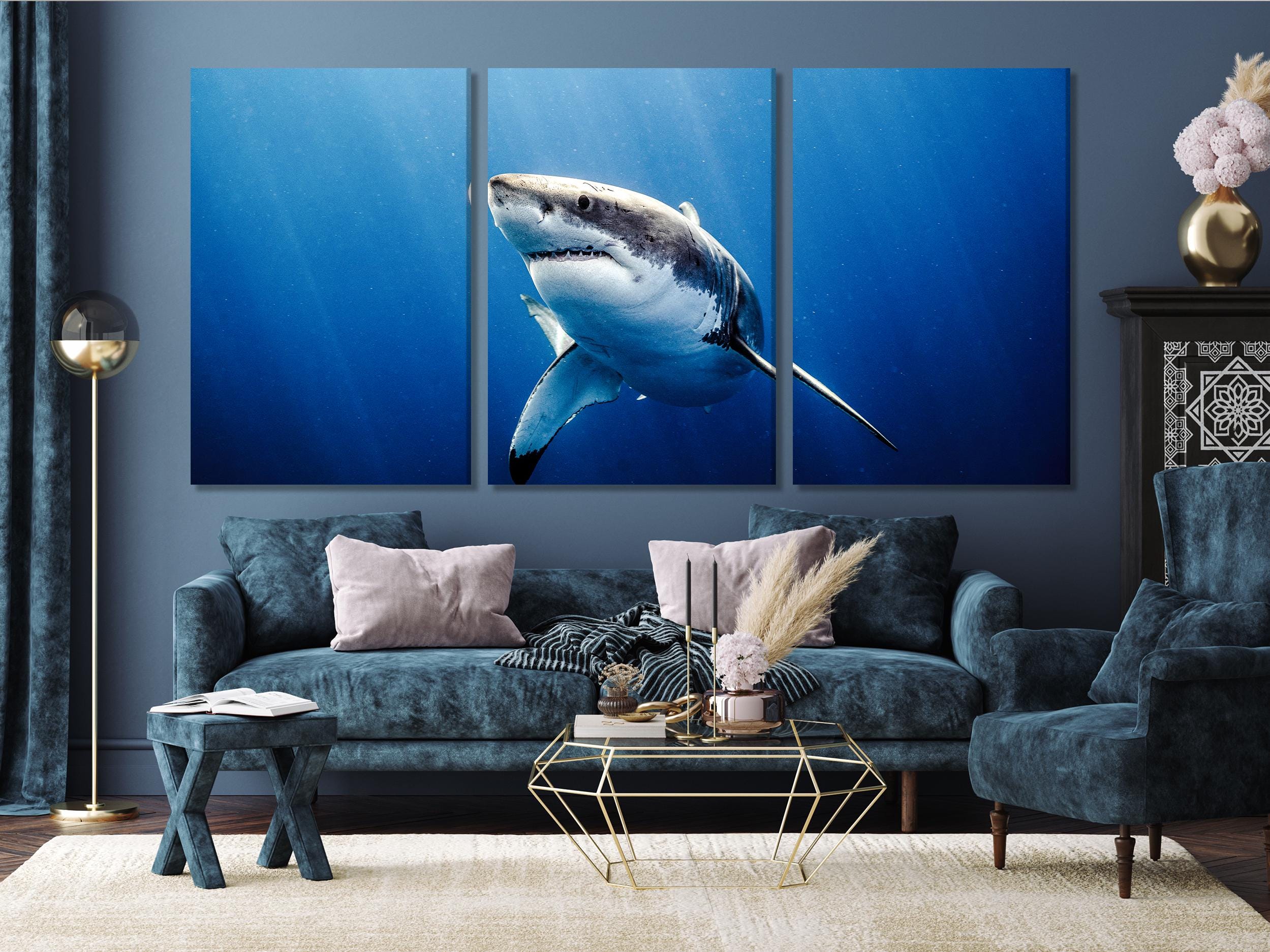 Great White Shark canvas print—three-panel mockup in a blue living room.