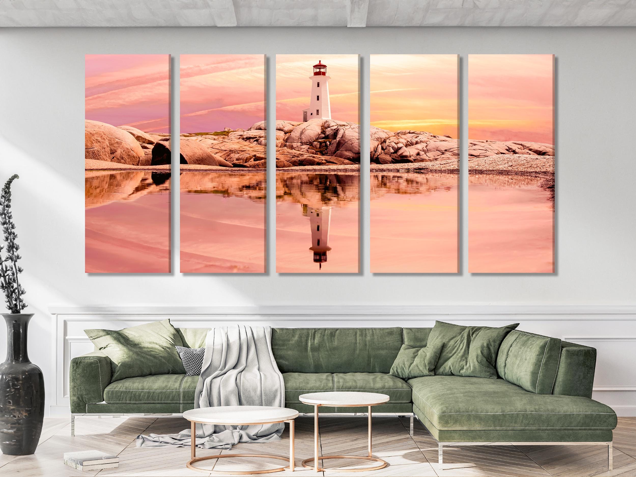Peggy’s Cove Lighthouse Canvas Print, Large Sunset Wall Art, Oversized Nova Scotia Coastal Artwork for Canadian Home Interior Wall Decor