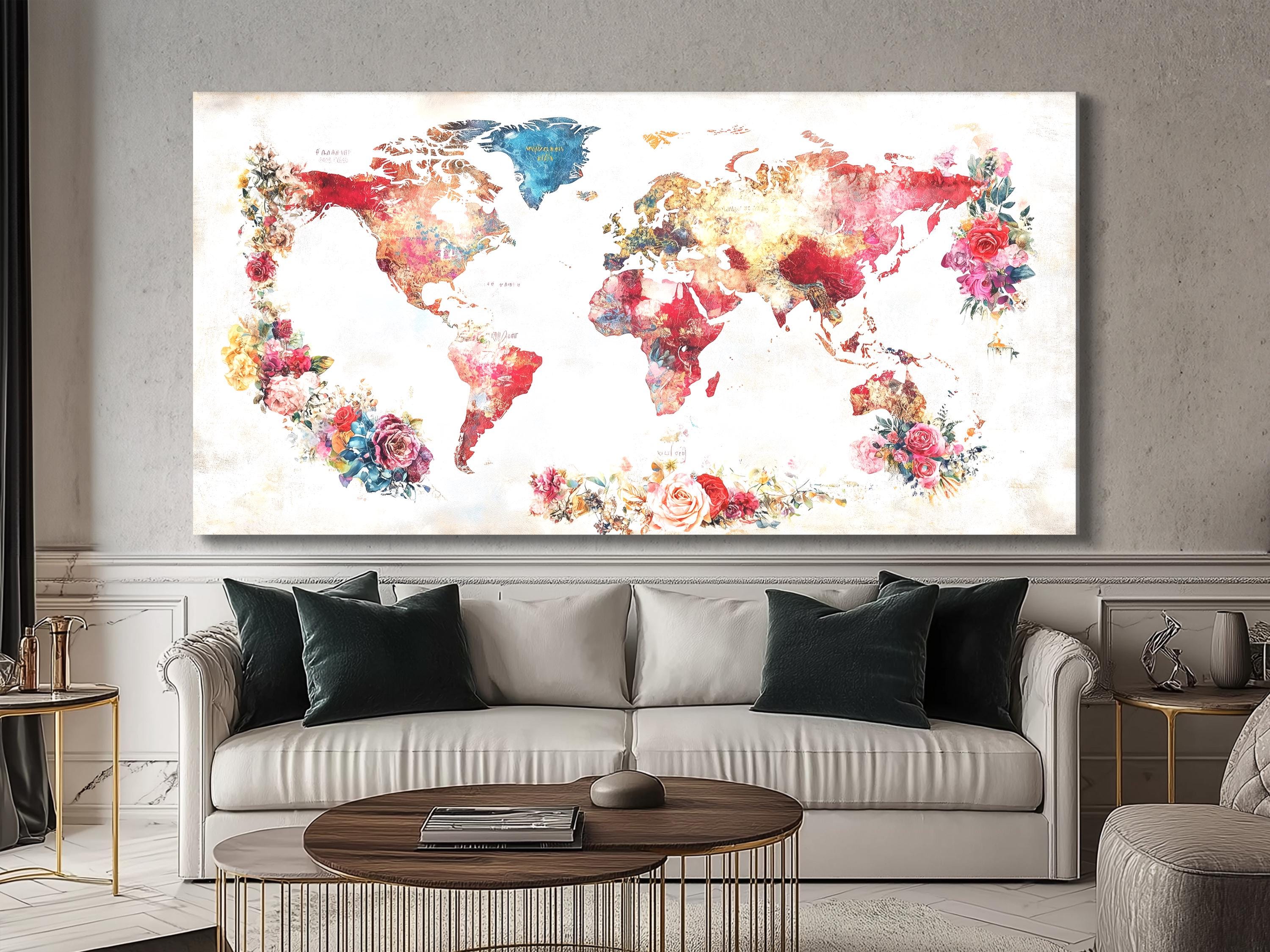 Acquerello floreale mappa del mondo arte murale tela astratta pittura mappa di viaggio decorazione stampa di fiori colorati interni casa mappa del mondo arte