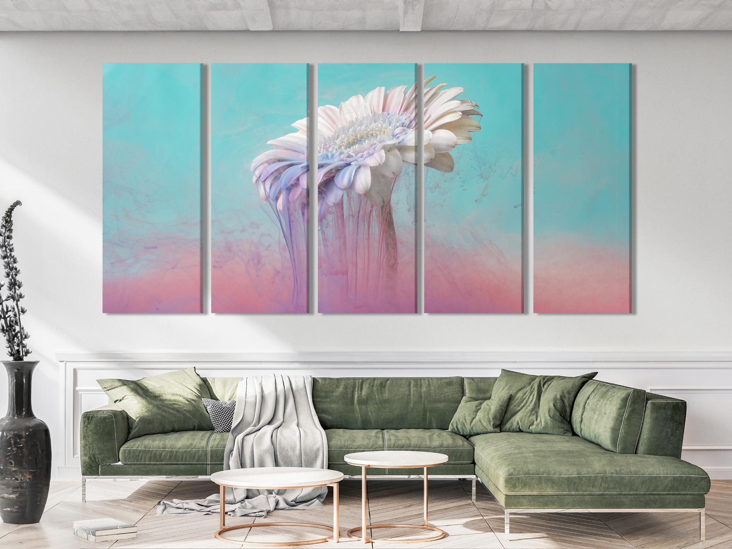 Pastel-toned floral wall art featuring a delicate white daisy, designed as a multi-panel canvas print.