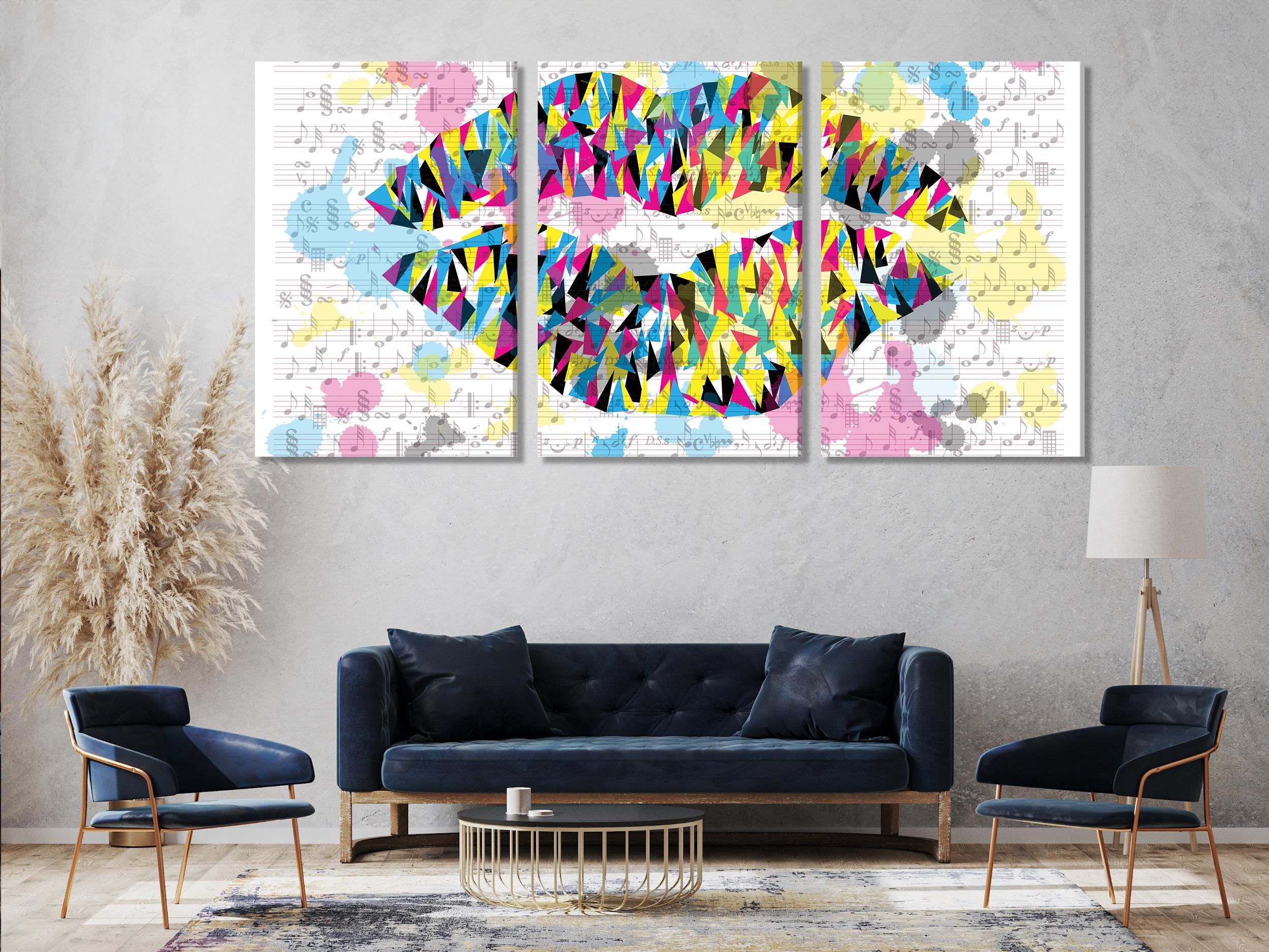 Kleurrijke geometrische lippen canvas print moderne muziek pop art wanddecoratie muziek kunstwerk zanger levendige kunstprint muzikale wandkunst cadeau voor zanger