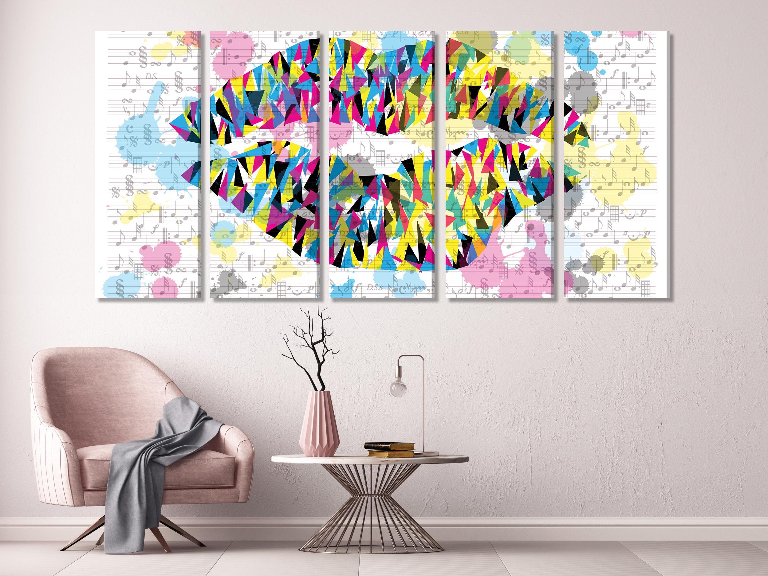 Kleurrijke geometrische lippen canvas print moderne muziek pop art wanddecoratie muziek kunstwerk zanger levendige kunstprint muzikale wandkunst cadeau voor zanger