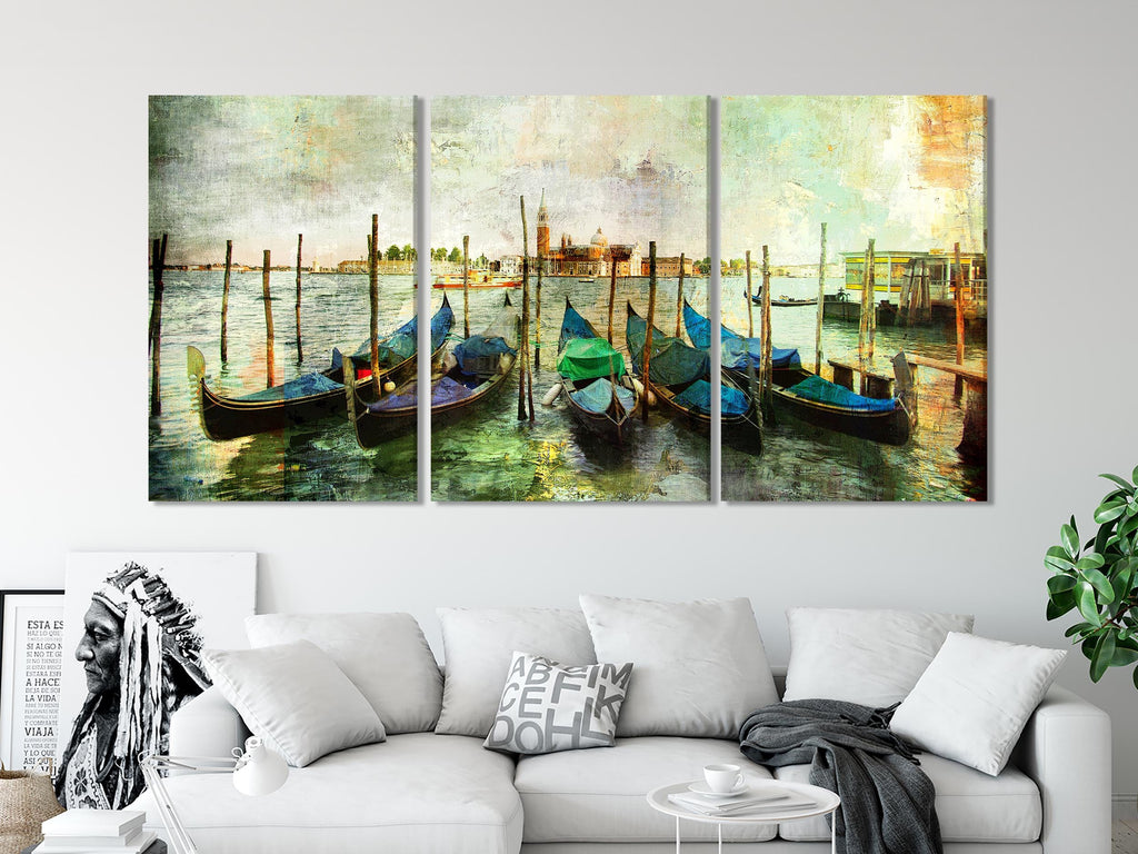 Stampa su tela con scena di barche in Italia e gondole veneziane, decorazione murale per soggiorno o ufficio, idea regalo ispirata ai viaggi