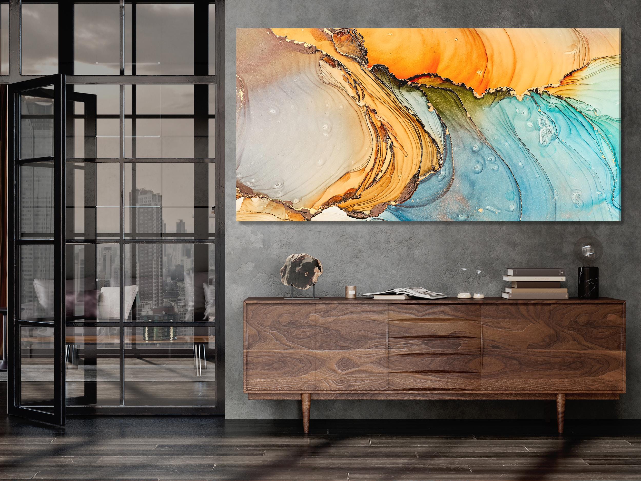 Blue & Yellow Abstract Art Orange Teal Marble Wall Art Large Modern Orange and Aqua Artwork Oversized Contemporary Print Kitchen Wall Decor