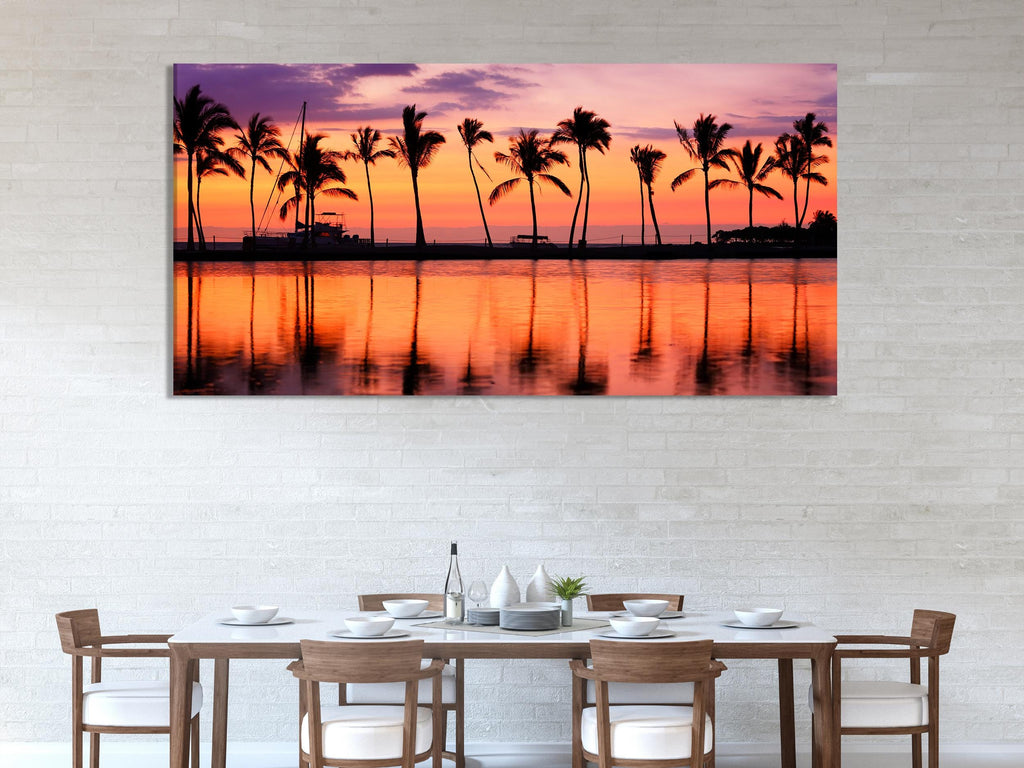 Tropical Palm Trees and Sunset Canvas, 3-Panel Coastal Decor, Vibrant Beach Sunset Wall Art, Ocean-Themed Home Decor for Living Room