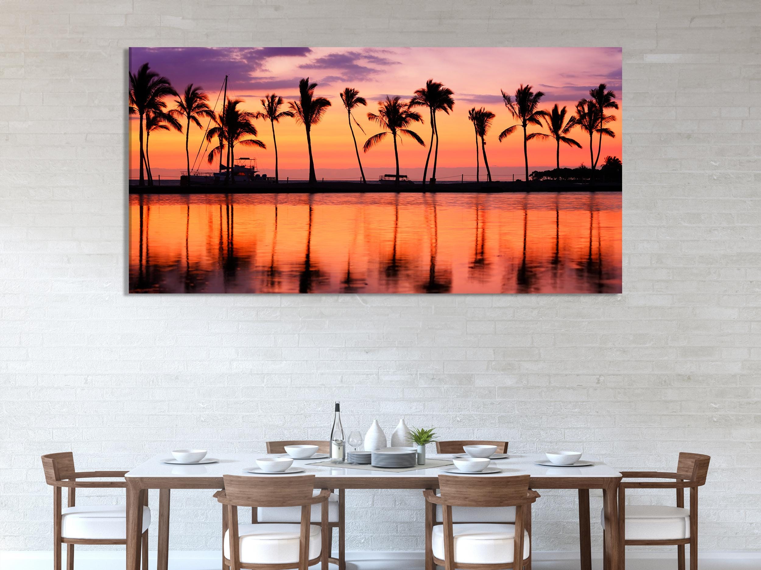 Tropical Palm Trees and Sunset Canvas, 3-Panel Coastal Decor, Vibrant Beach Sunset Wall Art, Ocean-Themed Home Decor for Living Room