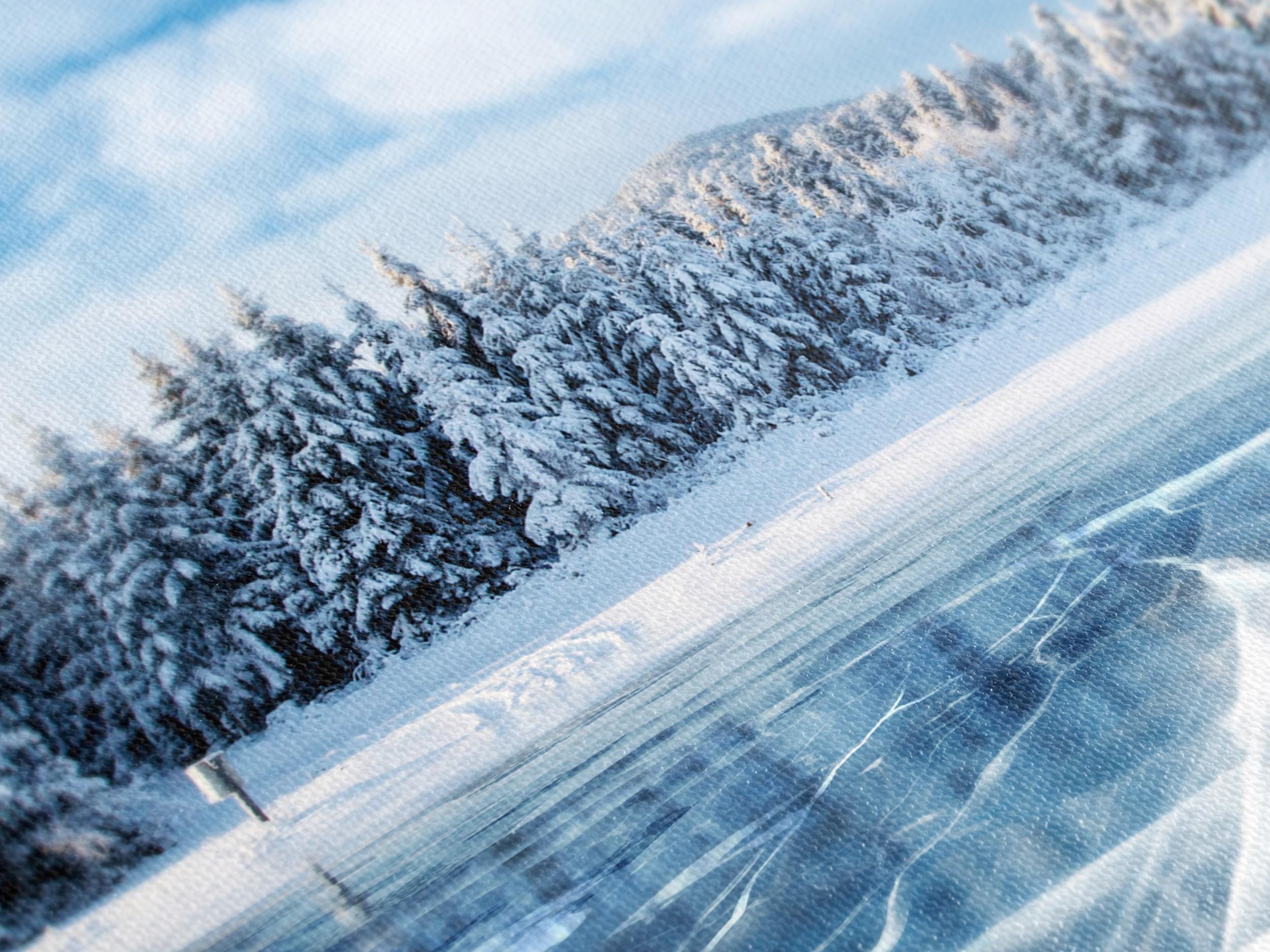 Frozen Lake Winter Landscape Canvas Print – Large Snowy Forest Wall Art, Icy Nature Scene, Winter Landscape Decor for Living Room or Office