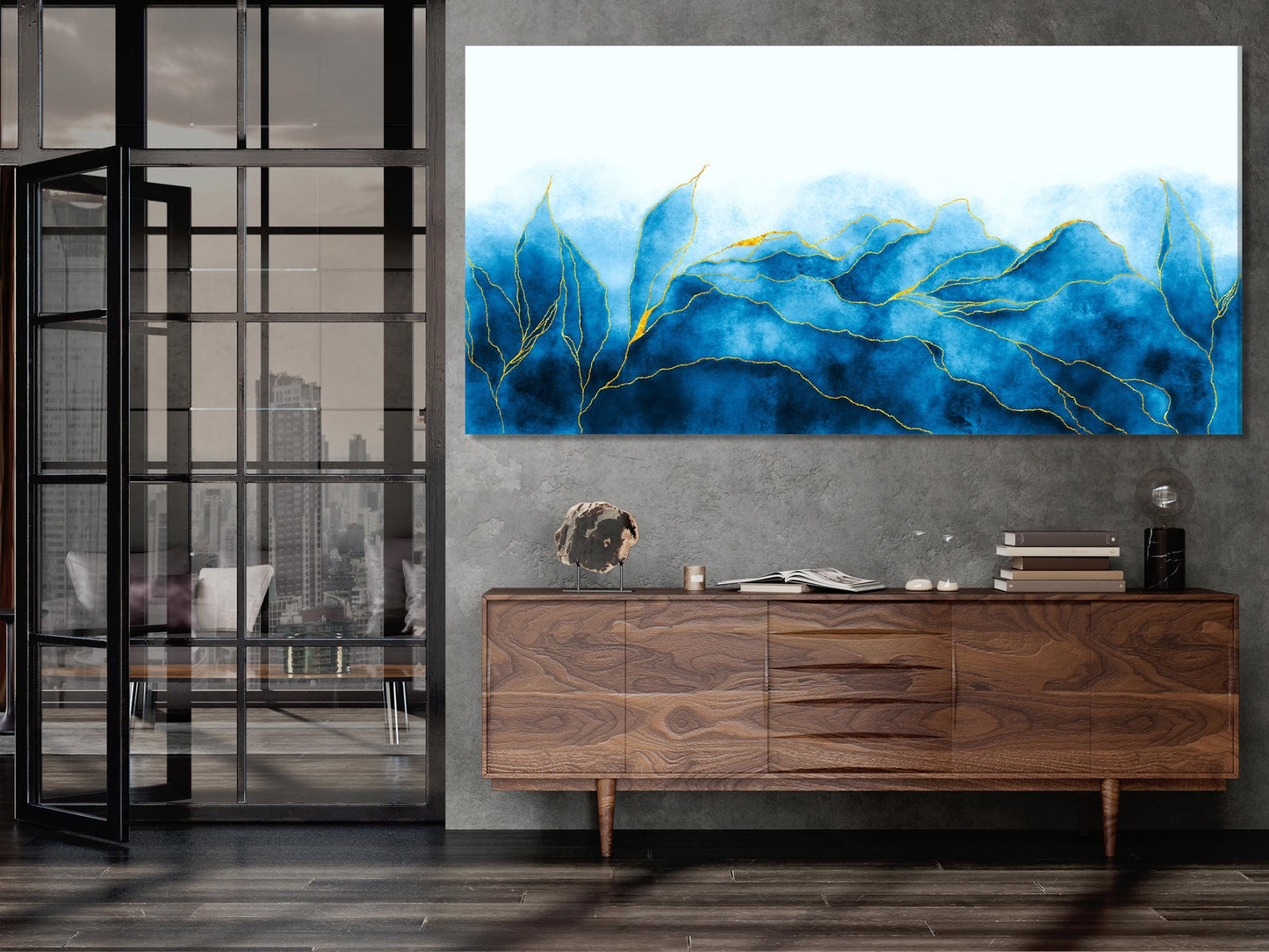 Blaue abstrakte Kunst - Große Wandkunst Blaue abstrakte Leinwandkunst Aquarell Marine Abstrakte Kunst Wanddekoration Abstrakter Druck Blaue Welle Dekor Gemälde