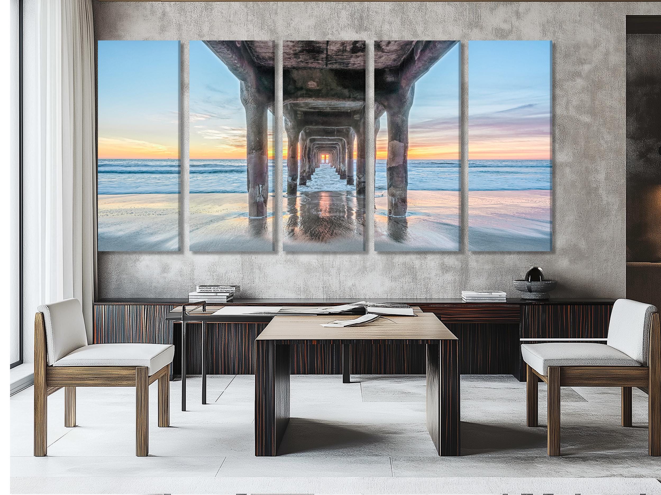 Under the Pier Canvas Print, Sunset Beach Wall Art, Large Coastal Art, California Ocean View, Pier Canvas Artwork, Modern Nautical Decor