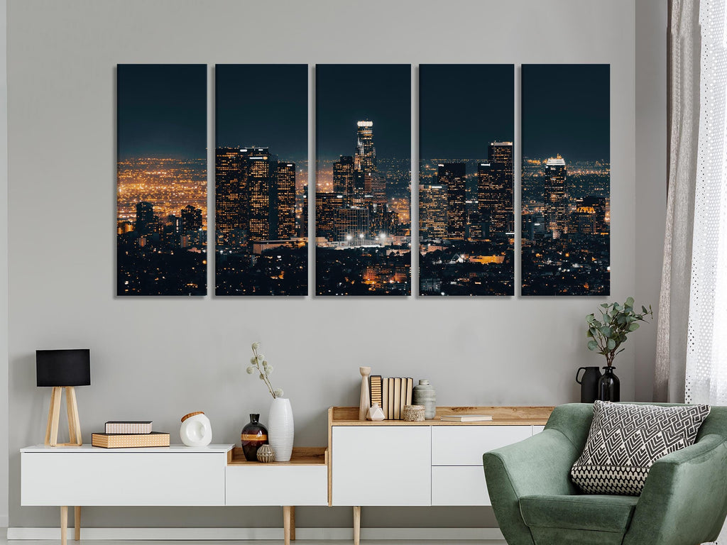 Captivating Los Angeles cityscape artwork emphasizing the contrast of sparkling urban illumination against the dark horizon, perfect as a refined wall art painting.