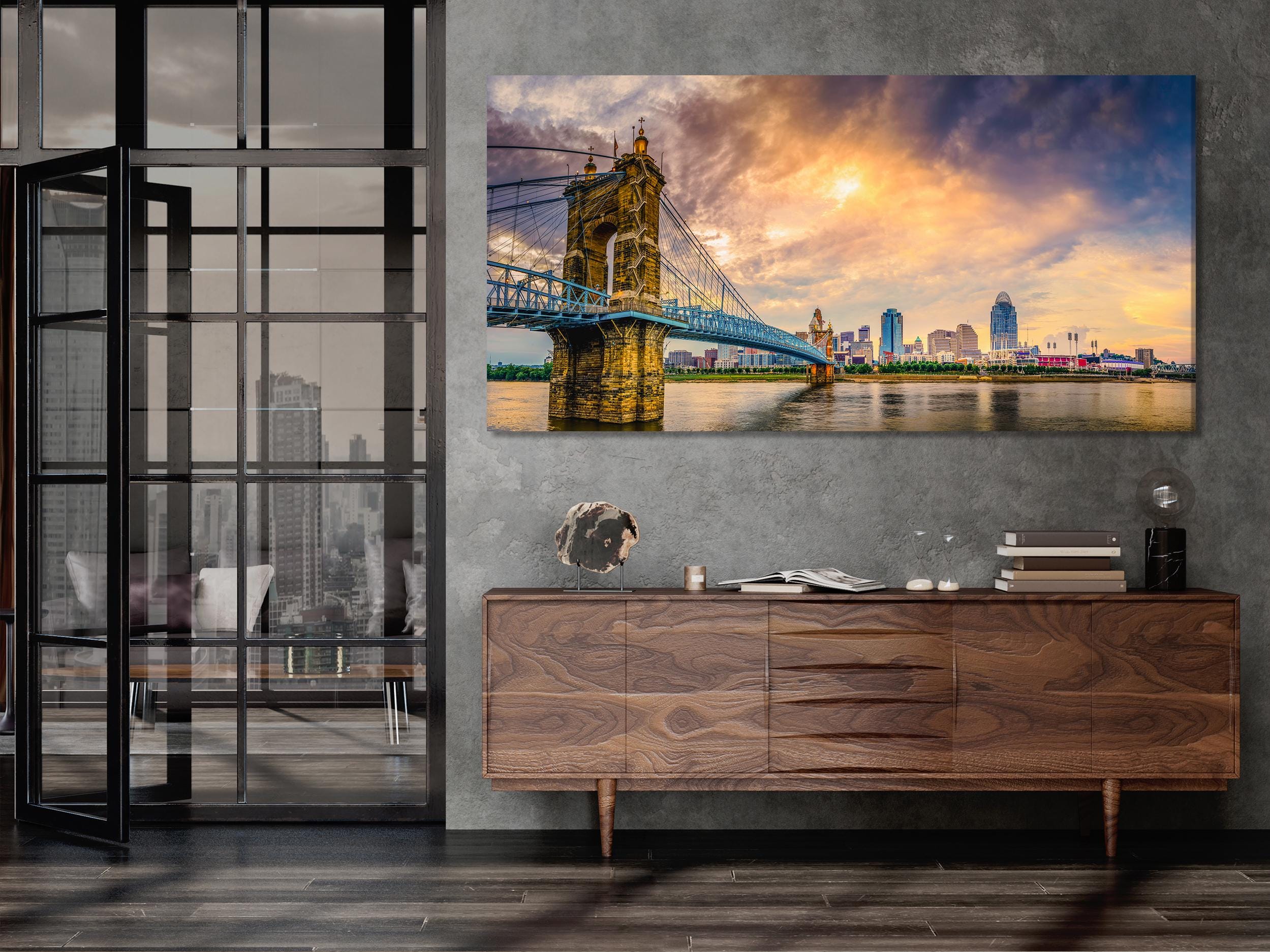 Covington Cityscape Wall Art - John A. Roebling Bridge Canvas Print, Ohio River Art Print, Modern Urban Cincinnati Wall Art for Wall Decor