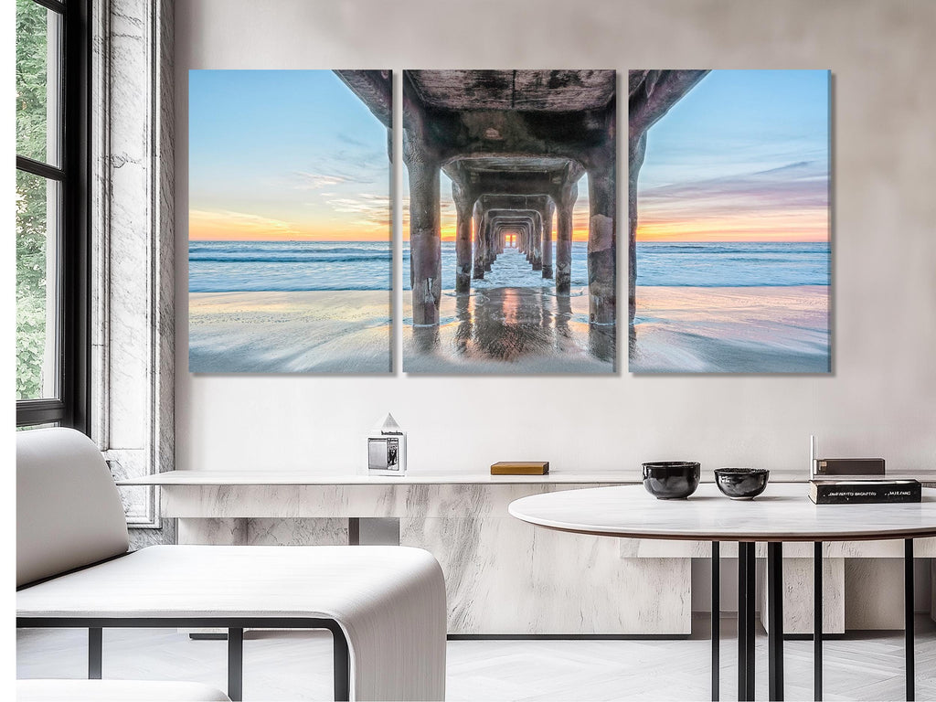 Under the Pier Canvas Print, Sunset Beach Wall Art, Large Coastal Art, California Ocean View, Pier Canvas Artwork, Modern Nautical Decor