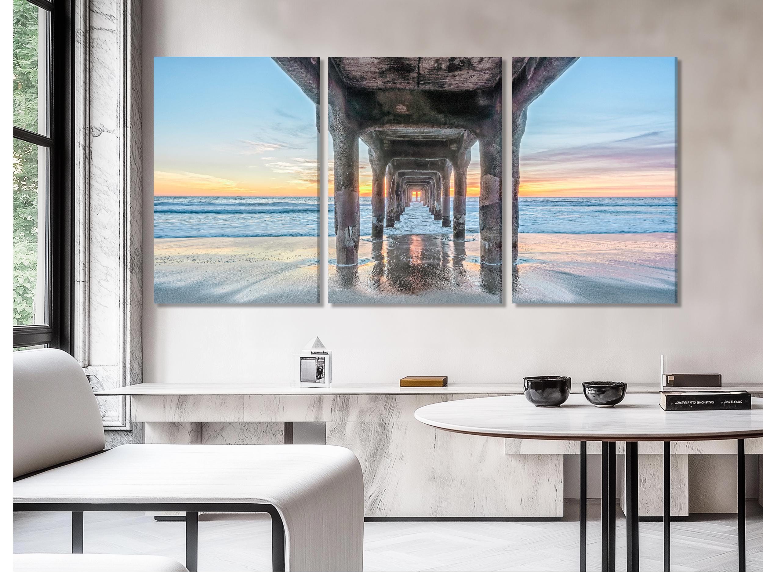 Under the Pier Canvas Print, Sunset Beach Wall Art, Large Coastal Art, California Ocean View, Pier Canvas Artwork, Modern Nautical Decor