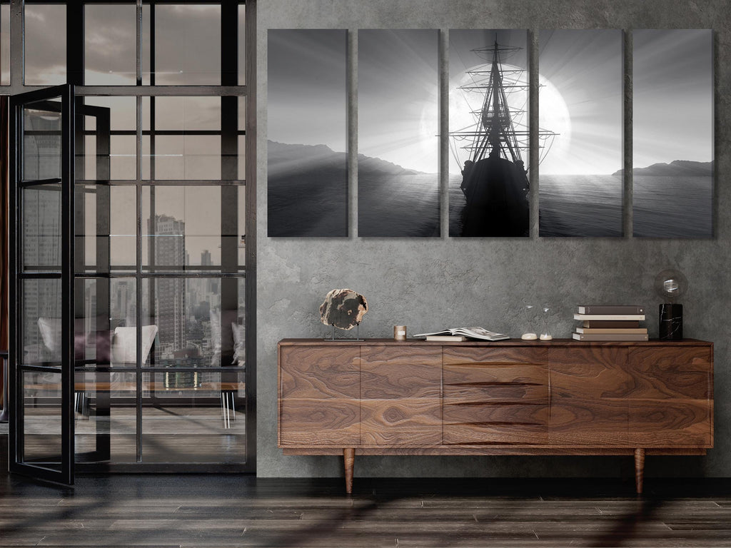 Art mural nautique noir et blanc - Impression sur toile d'un navire à voile vintage - Œuvre d'art pirate vintage - Décor inspiré par les marins - Grande impression d'art maritime