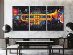 Art mural Trompette - Impression sur toile colorée de jazz, œuvre d'art abstraite d'instrument de musique, cadeau pour musicien, décor de studio, art mural moderne pour salon