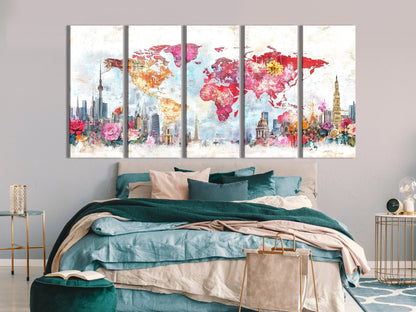 Floral Cityscape World Map Art Canvas Abstract Skyline Painting Colorful Flower Map Print Travel Inspired Home Interior Wall Decor