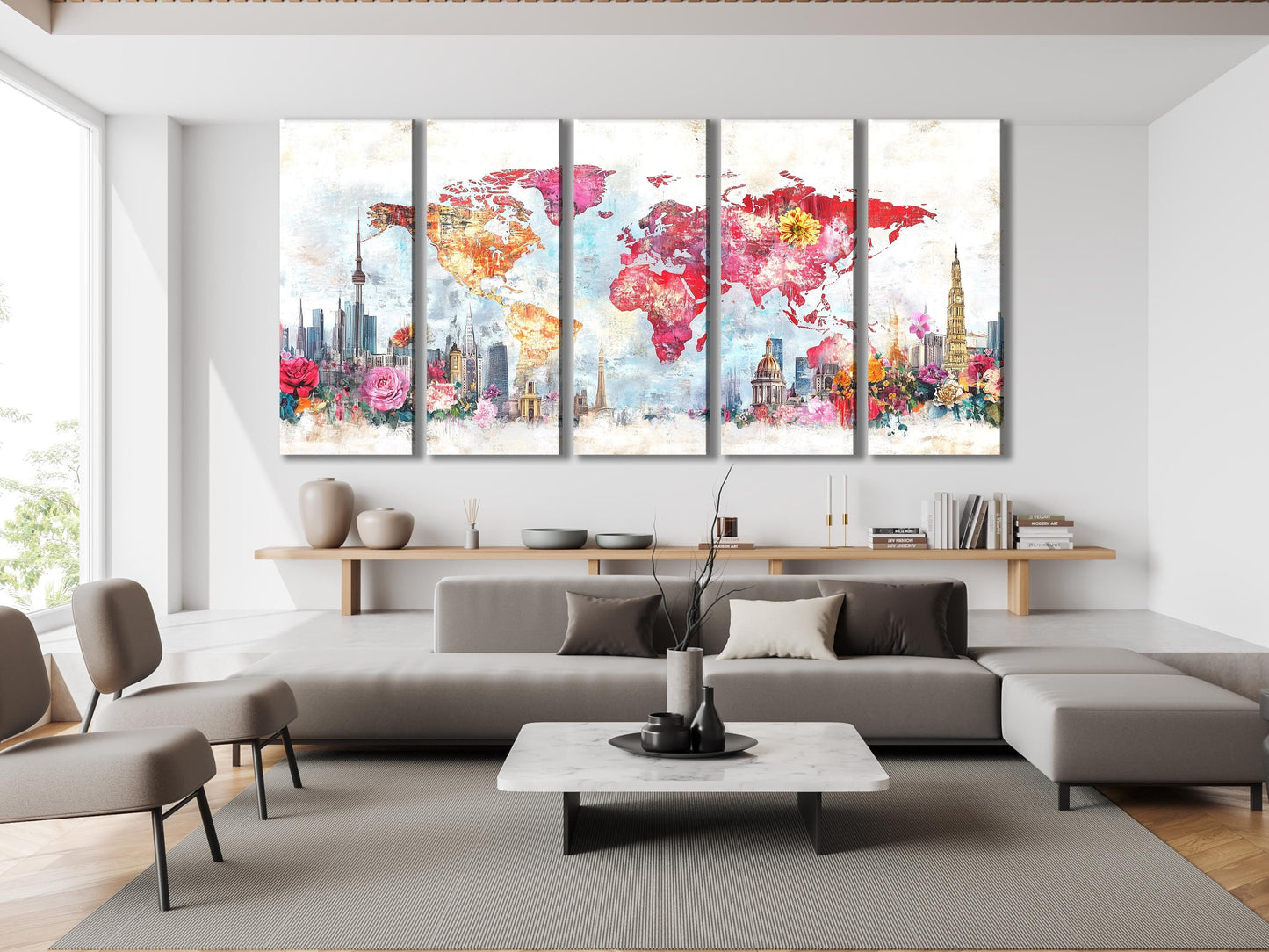Floral Cityscape World Map Art Canvas Abstract Skyline Painting Colorful Flower Map Print Travel Inspired Home Interior Wall Decor