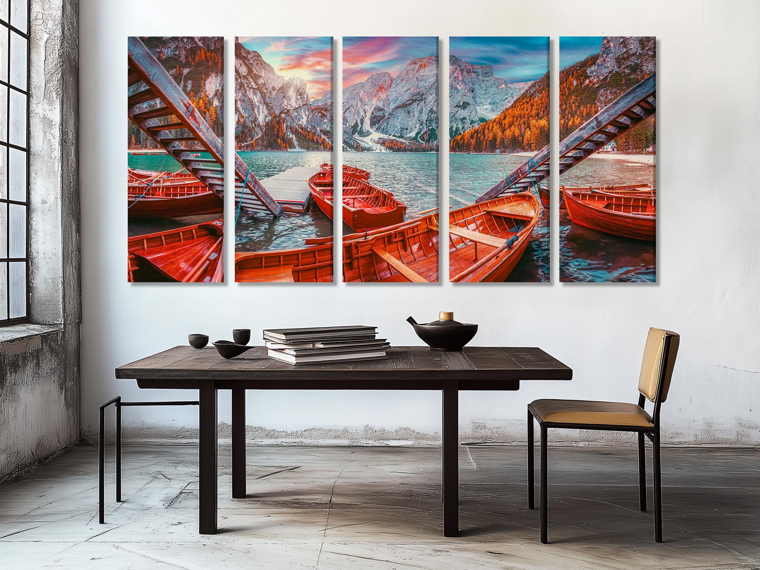 Alpine Lake Wall Art Lago di Braies Canvas Print Dolomites Mountain Art Landscape Print Large 5 Panel Alps Artwork Print Nature Wall Decor