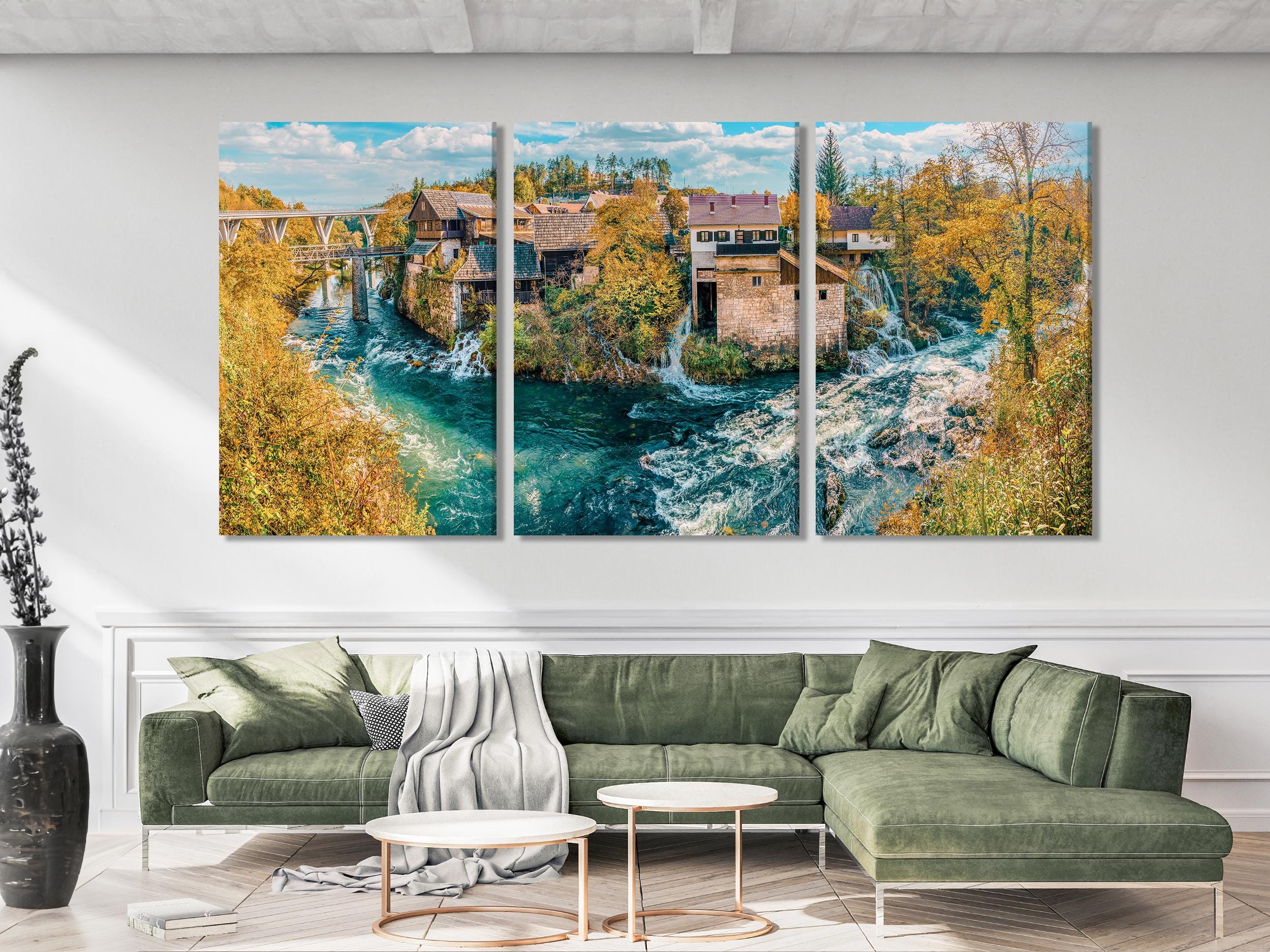 Rastoke Village Canvas Print - Croatia Wall Art, Scenic River and Waterfall Artwork, Large Croatian Landscape Photography, Rustic Autumn Art