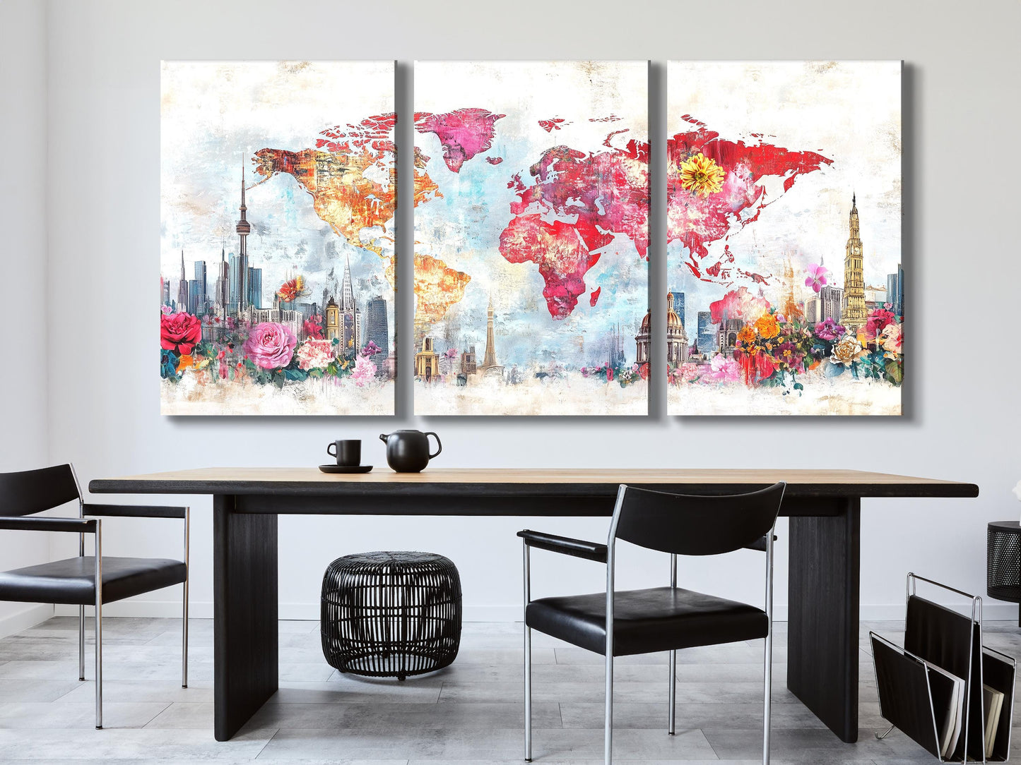 Floral Cityscape World Map Art Canvas Abstract Skyline Painting Colorful Flower Map Print Travel Inspired Home Interior Wall Decor